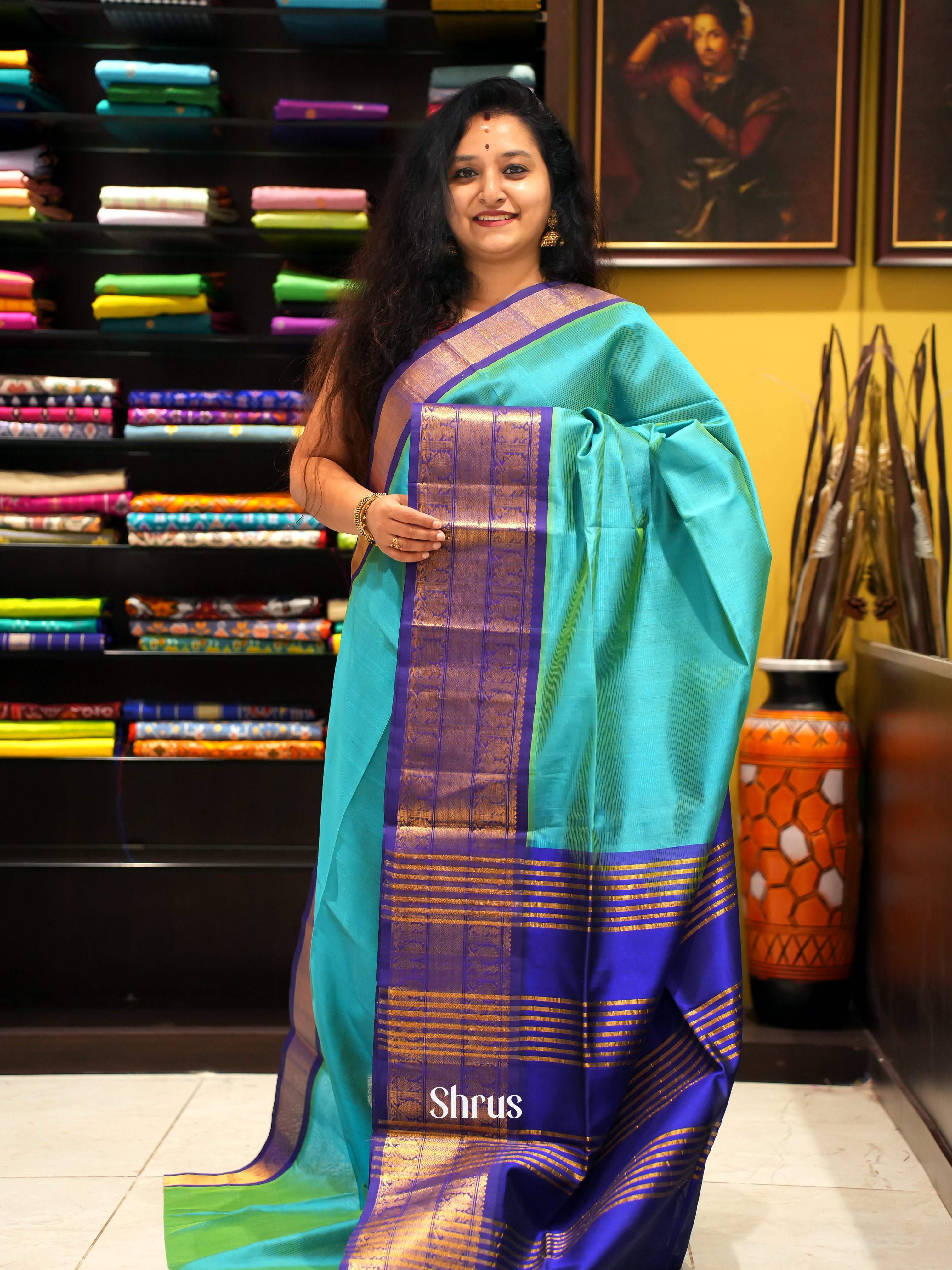 Blue & Navy Blue- Silk Cotton Saree - Shop on ShrusEternity.com