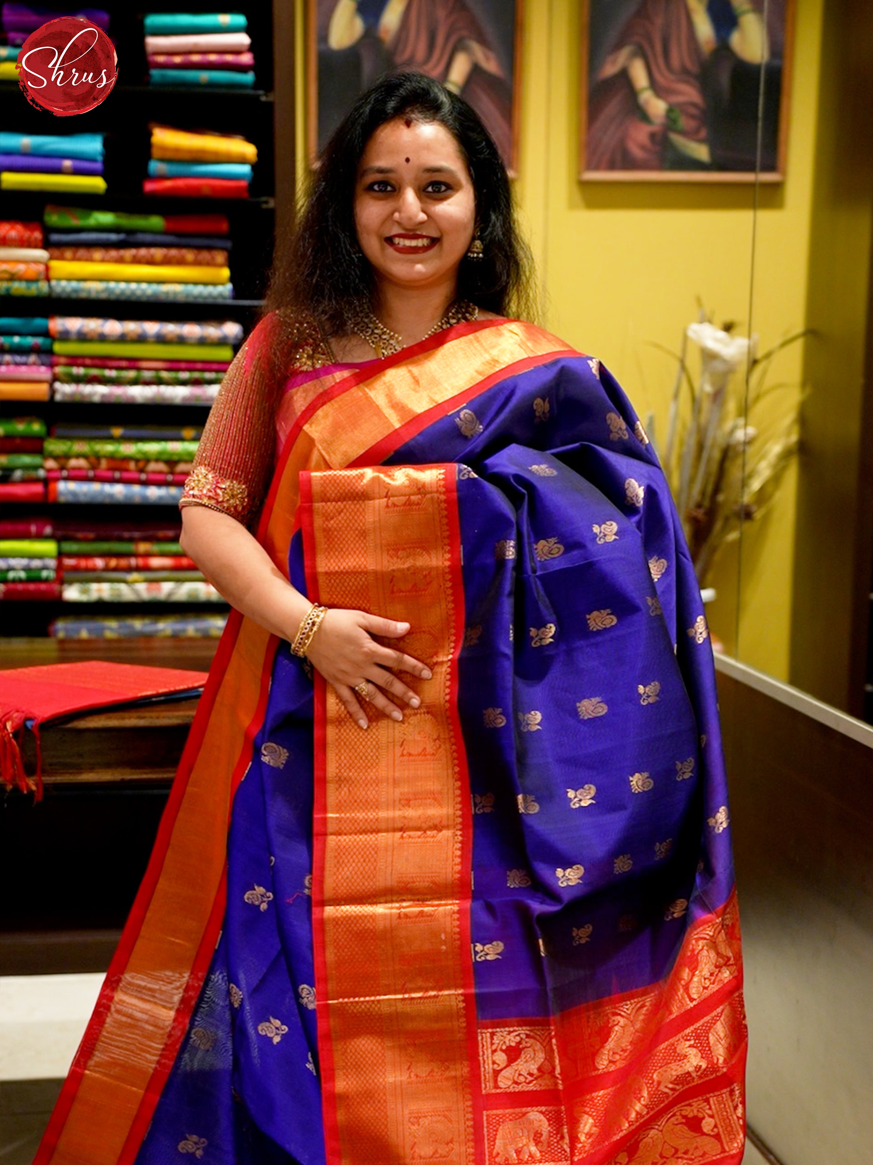 Blue And Red- Silk Cotton Saree - Shop on ShrusEternity.com