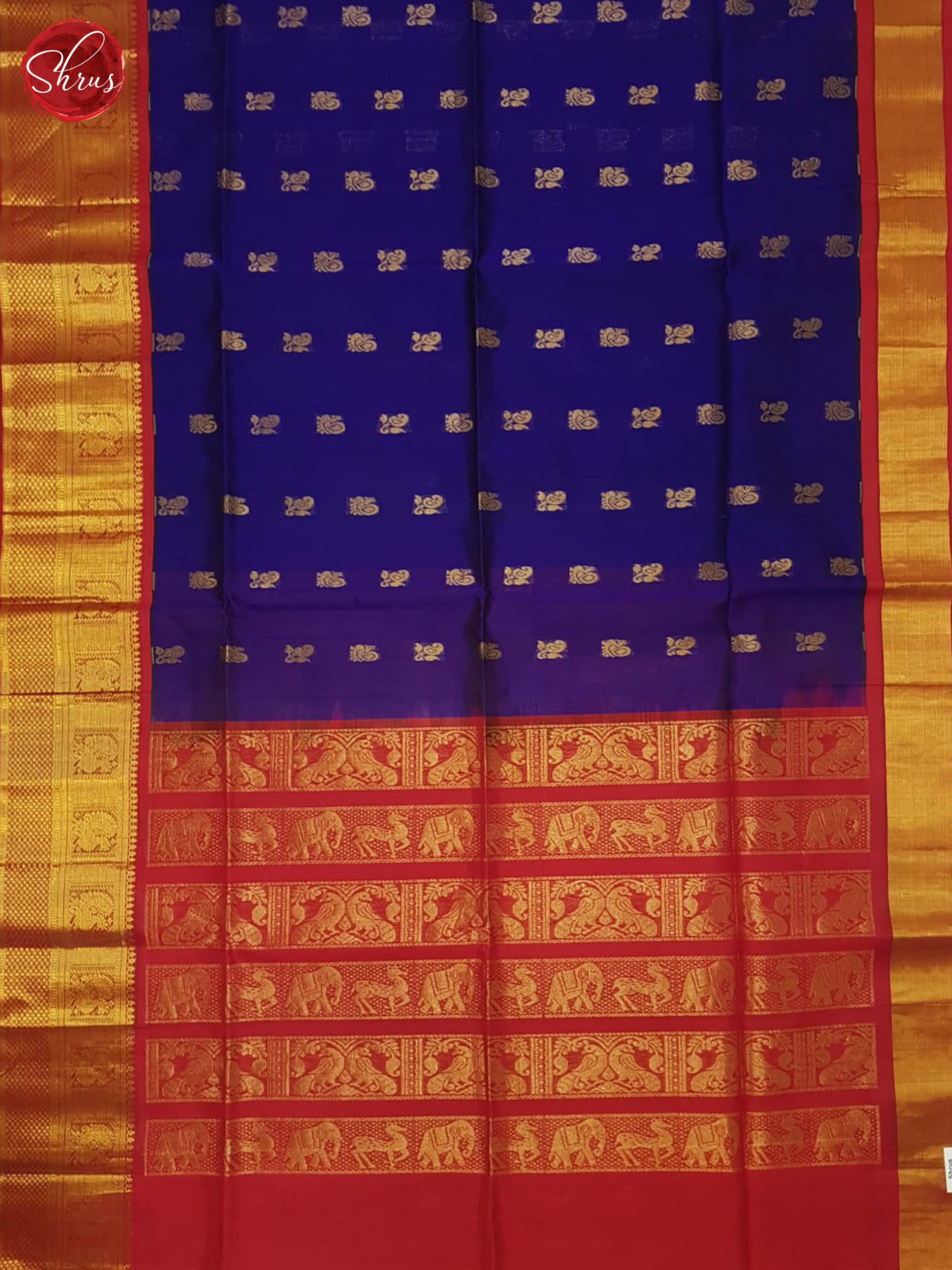 Blue And Red- Silk Cotton Saree - Shop on ShrusEternity.com