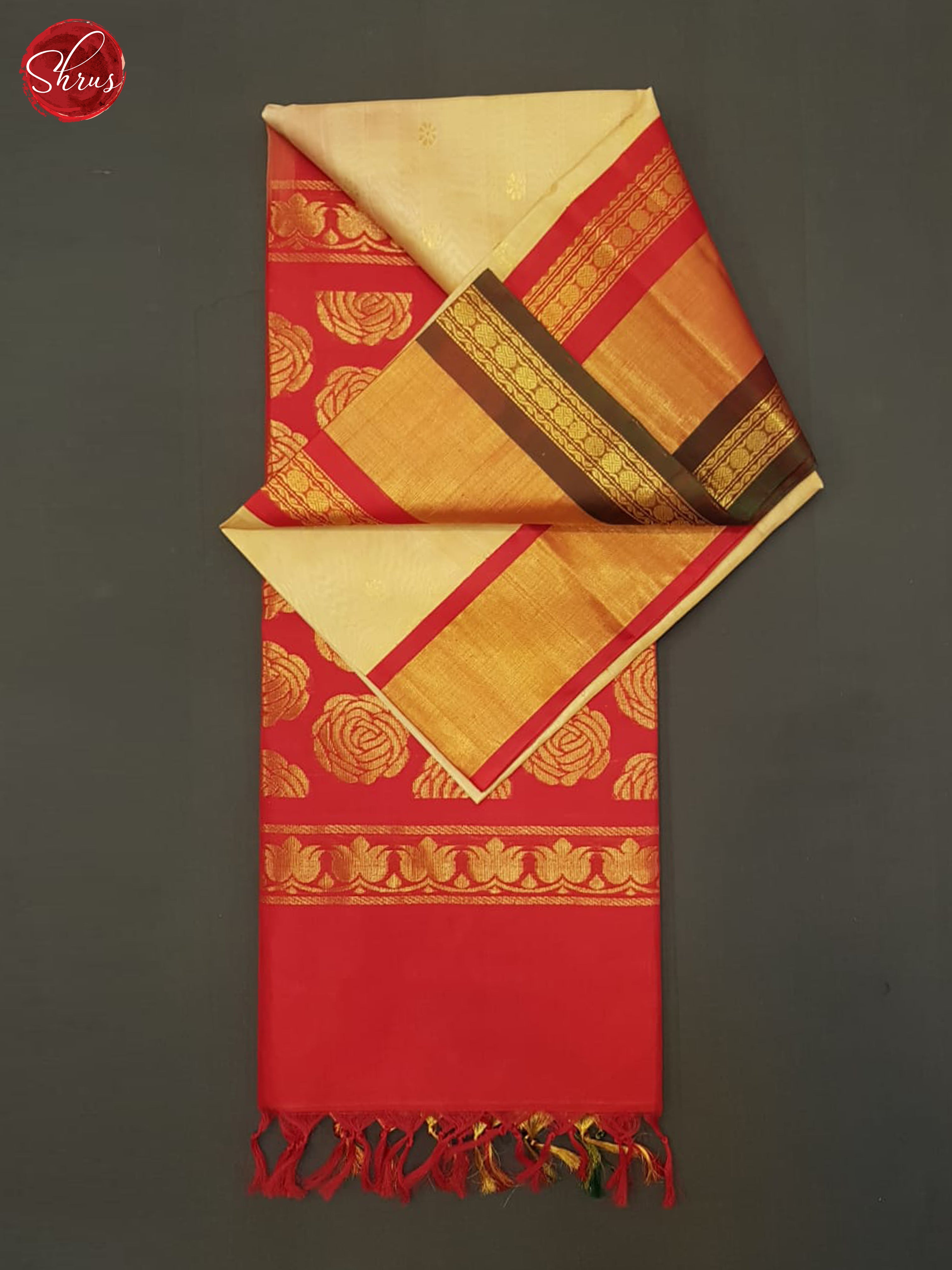 Beige And Red- Silk Cotton Saree - Shop on ShrusEternity.com