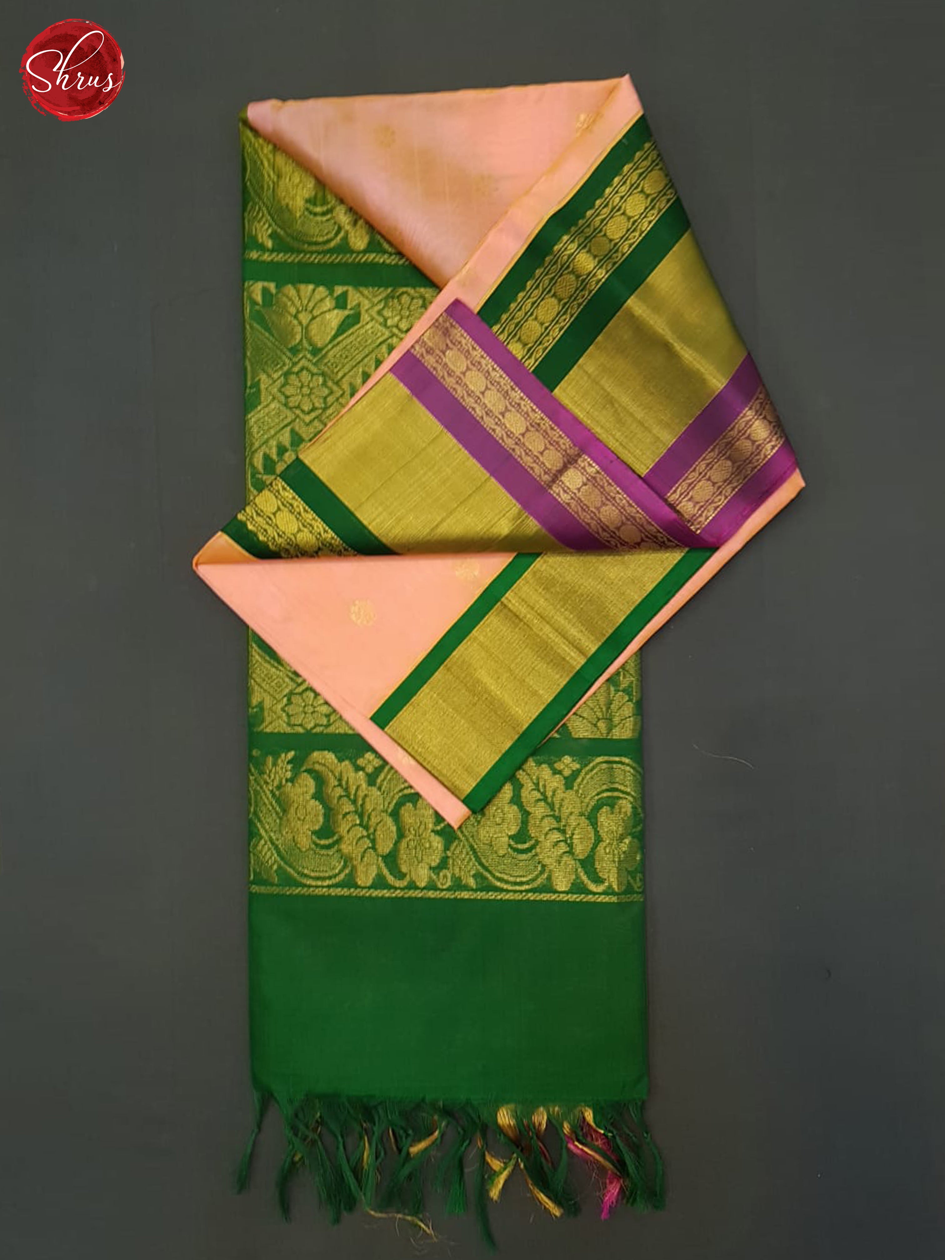 Peachish Pink And Green- Silk Cotton Saree - Shop on ShrusEternity.com