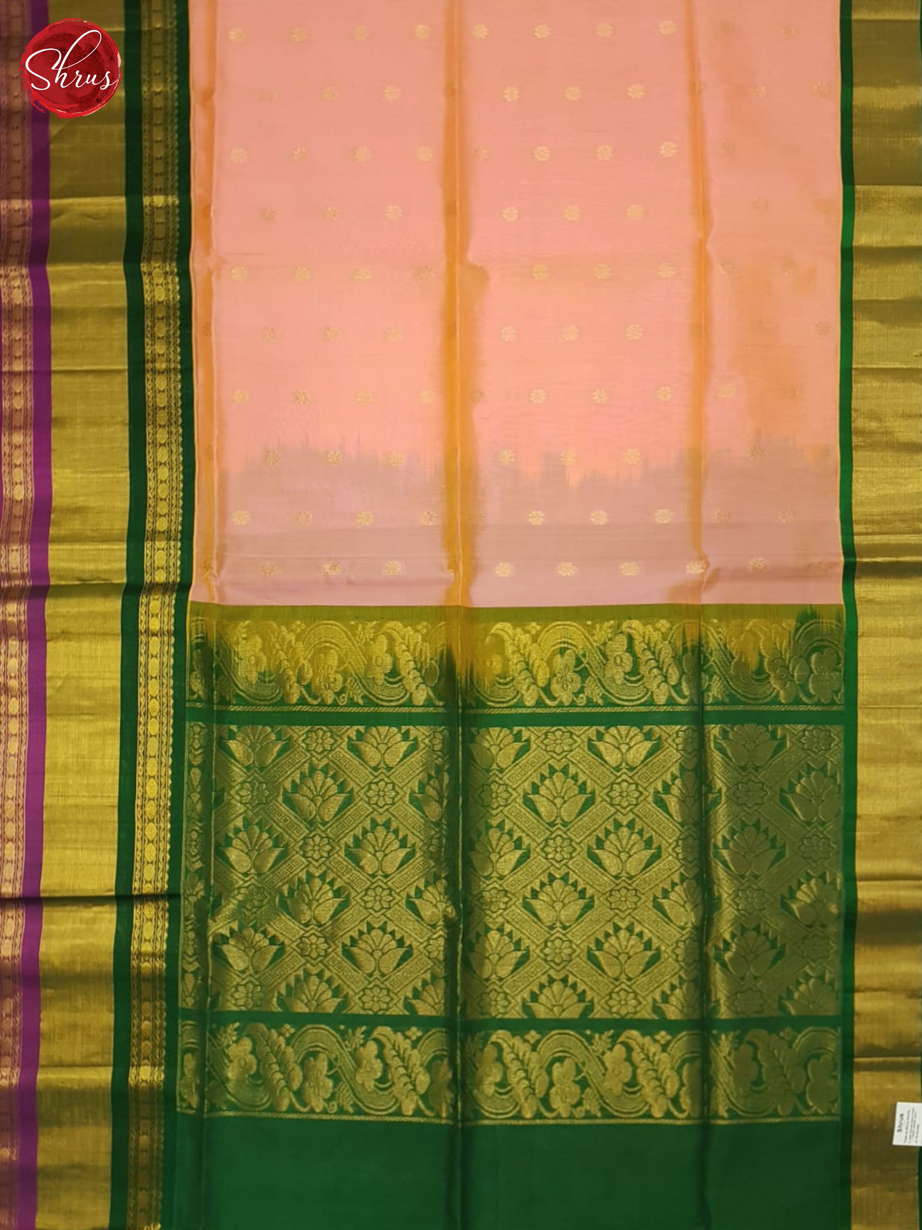 Peachish Pink And Green- Silk Cotton Saree - Shop on ShrusEternity.com