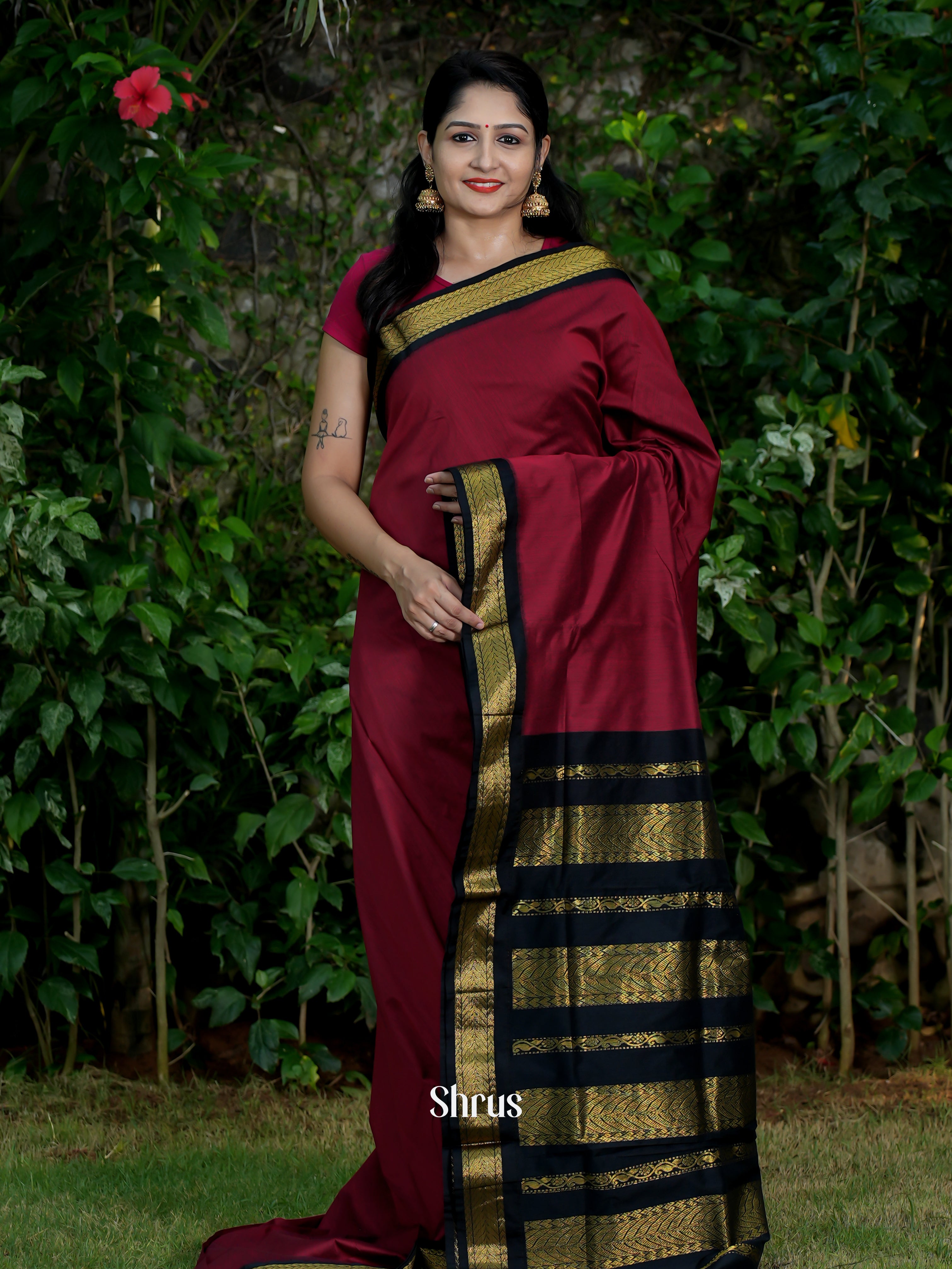 Maroon & Black - Kalyani Cotton Saree - Shop on ShrusEternity.com