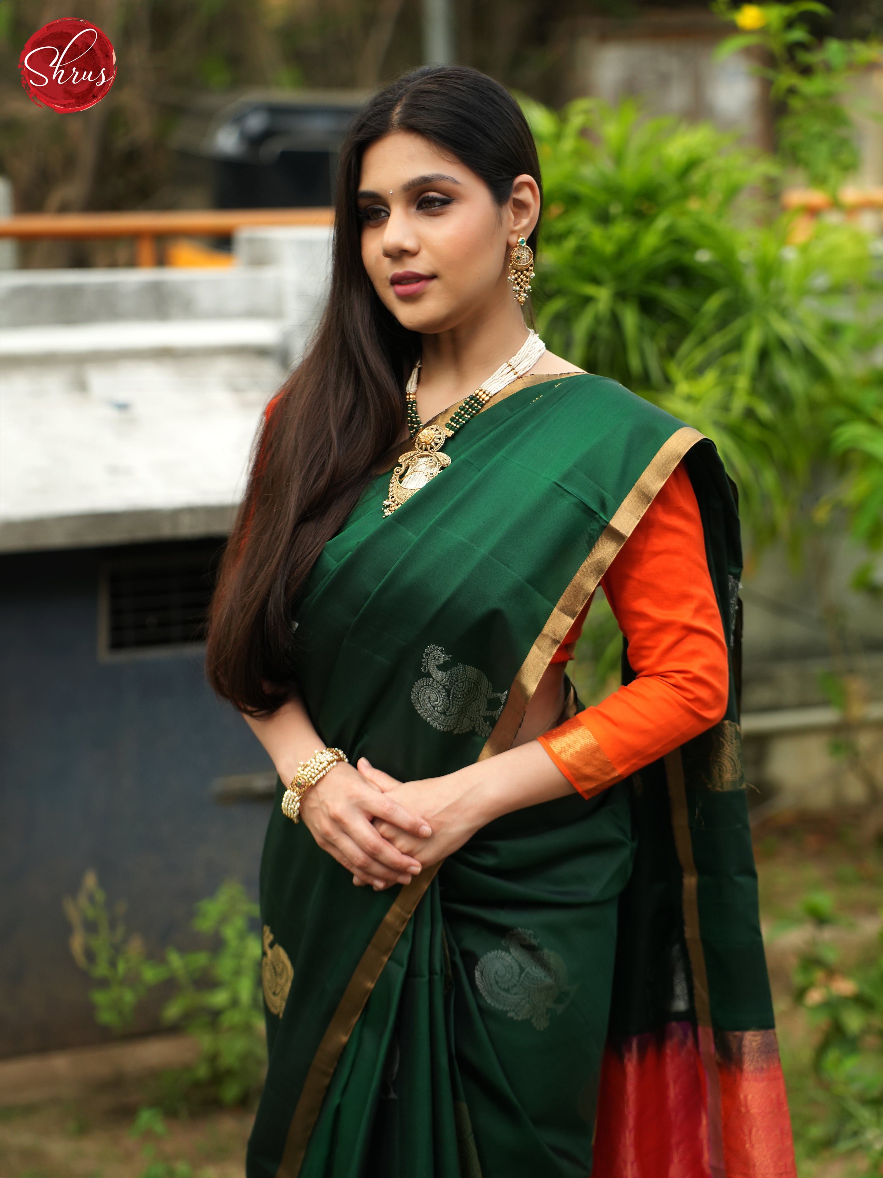 Green And Orangish Pink- Soft Silk Saree - Shop on ShrusEternity.com