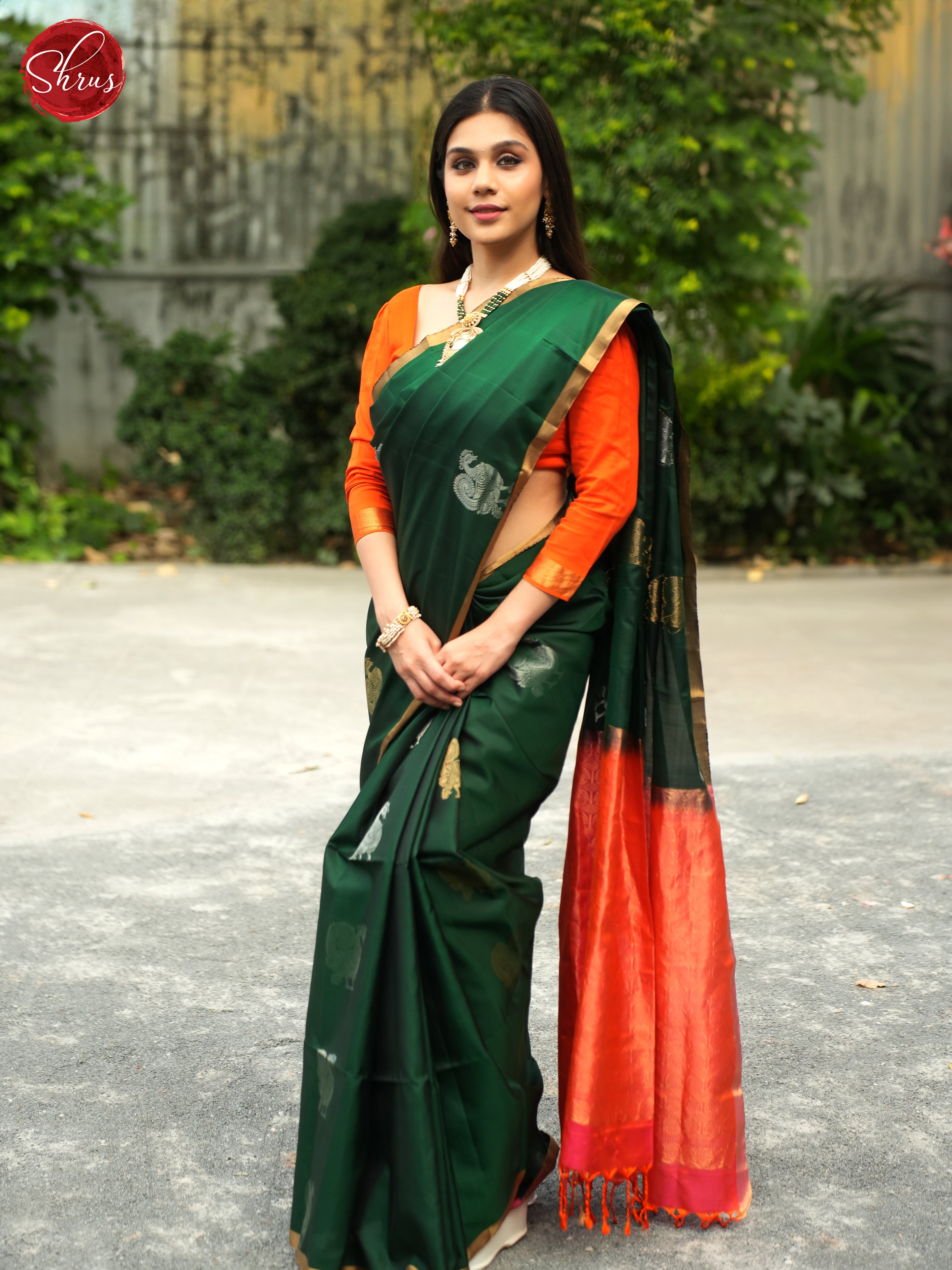 Green And Orangish Pink- Soft Silk Saree - Shop on ShrusEternity.com