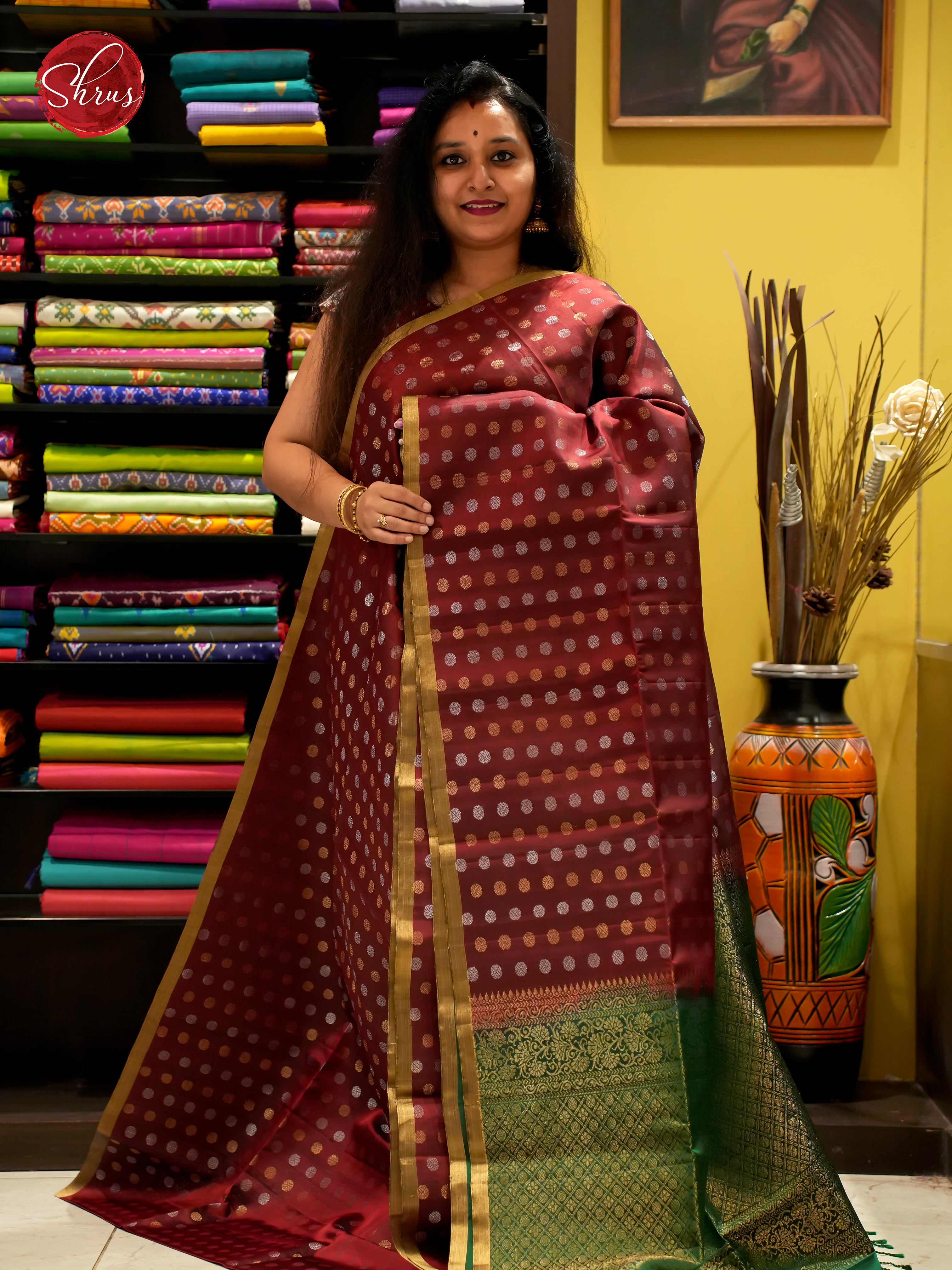 Arakku Marron And Green-Soft Silk Saree - Shop on ShrusEternity.com