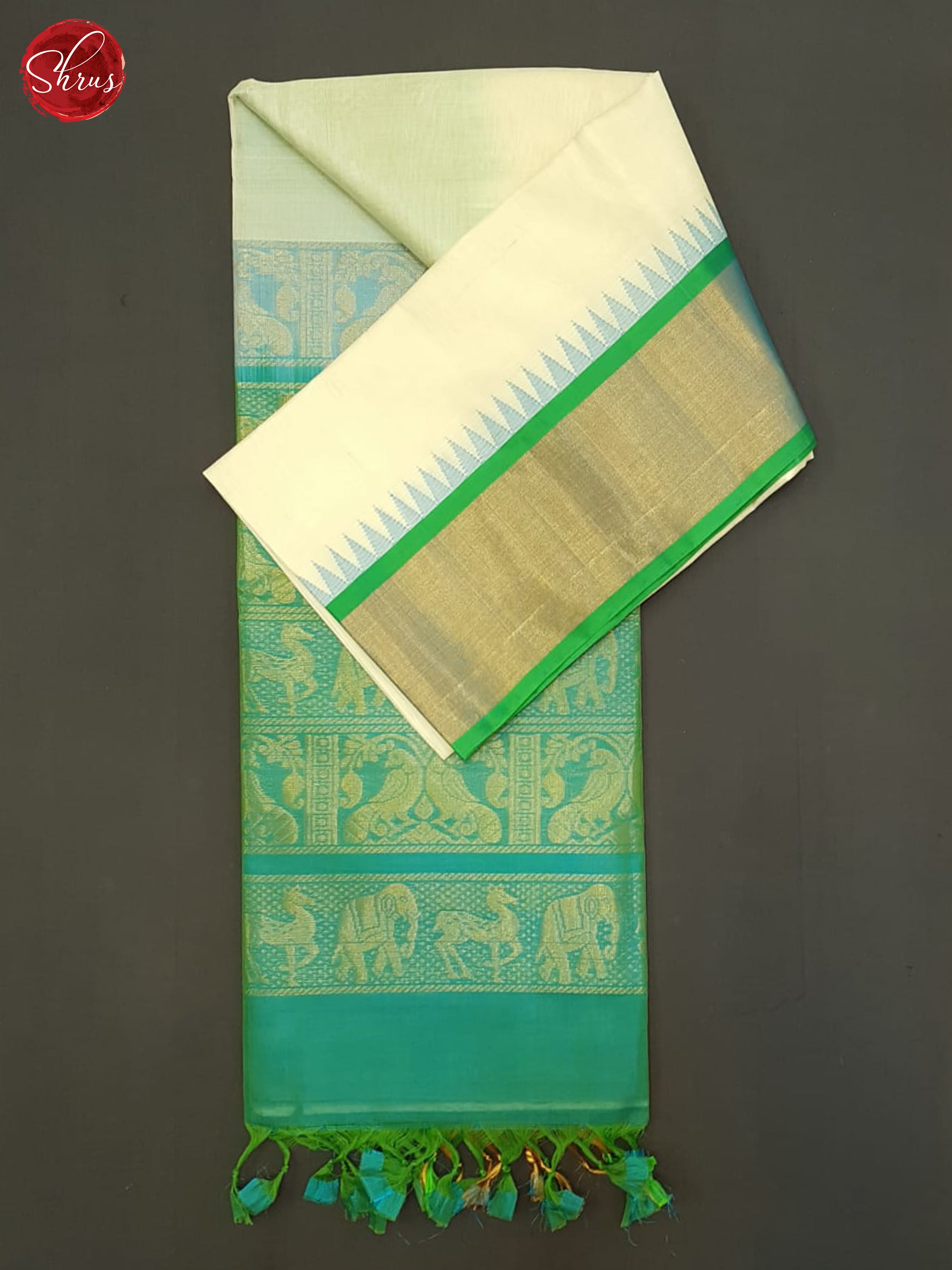 Cream And Teal Blue- Silk Cotton Saree - Shop on ShrusEternity.com