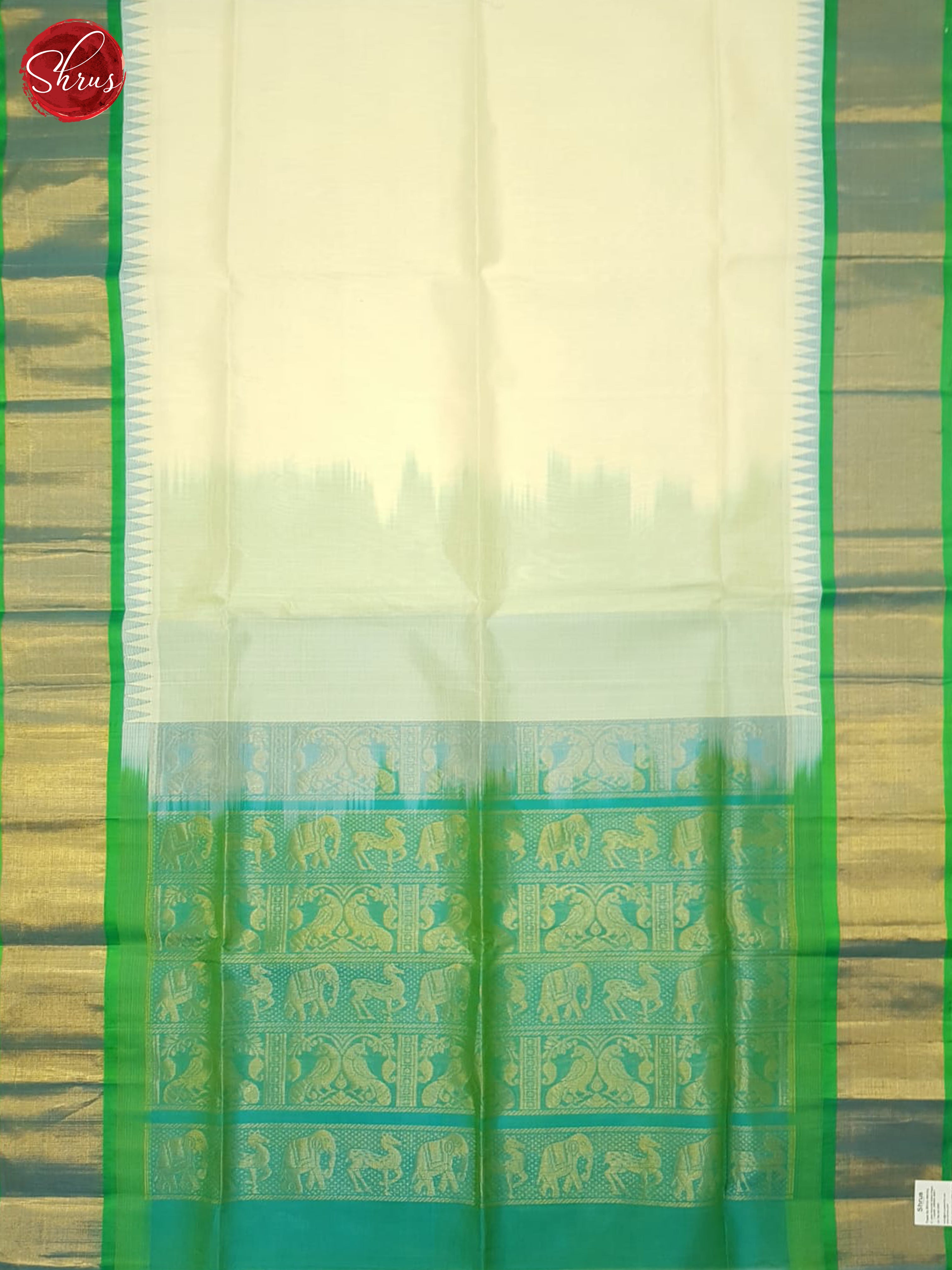 Cream And Teal Blue- Silk Cotton Saree - Shop on ShrusEternity.com