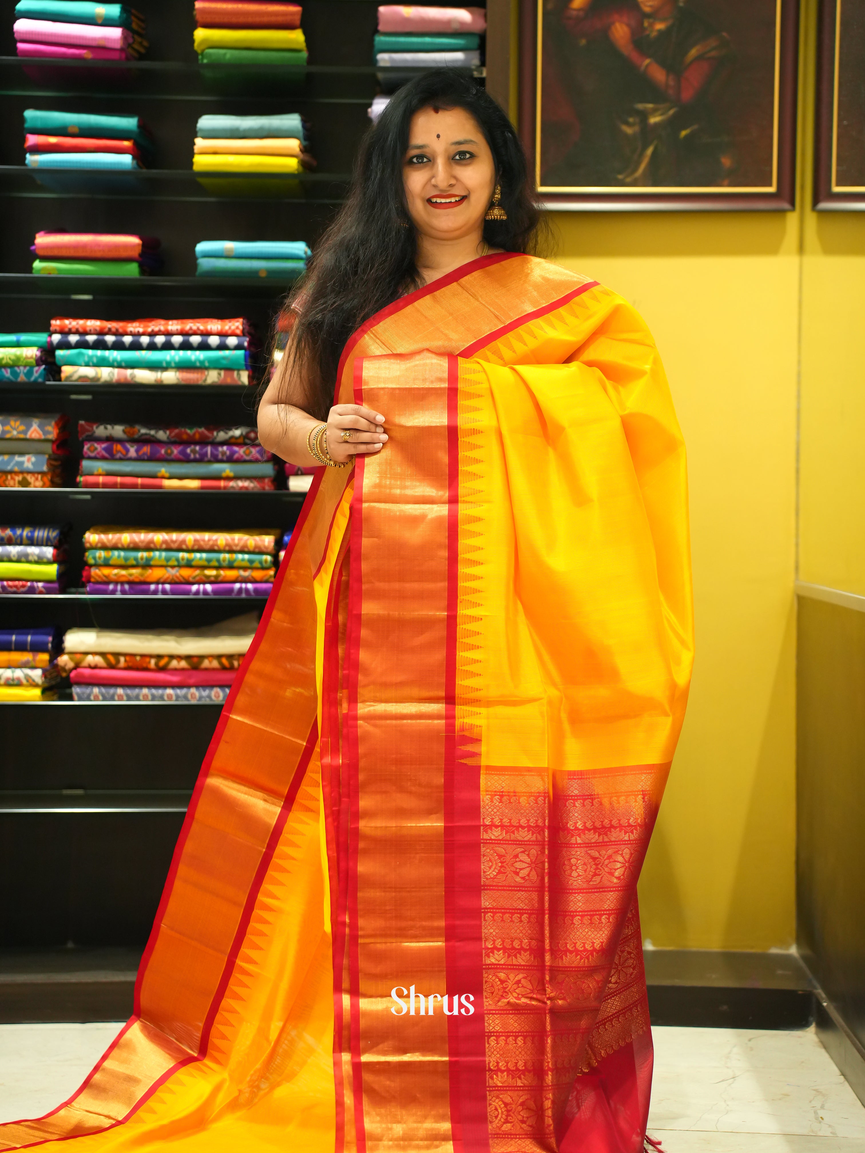 Yellow And Red- Silk Cotton Saree - Shop on ShrusEternity.com