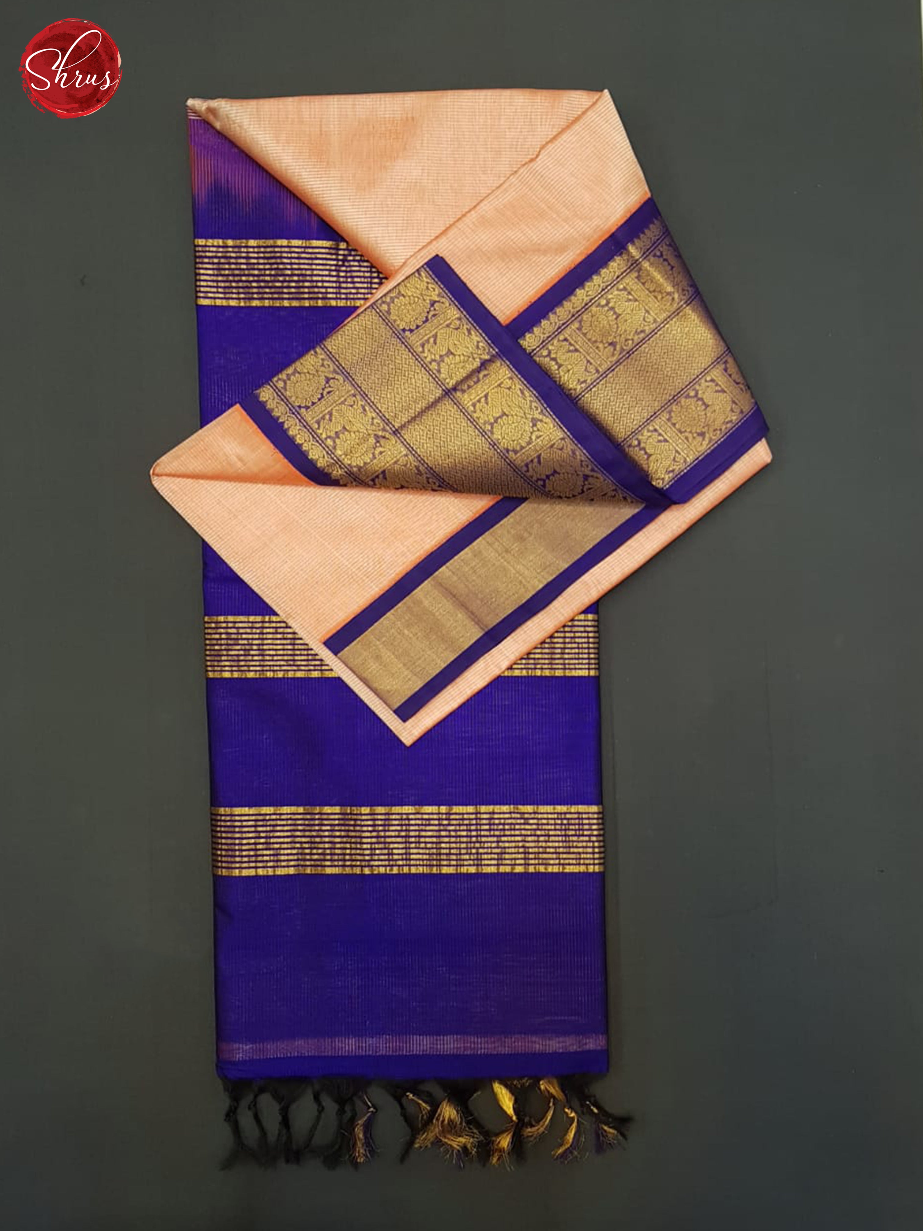 Peachish Pink And Blue- Silk Cotton Saree - Shop on ShrusEternity.com