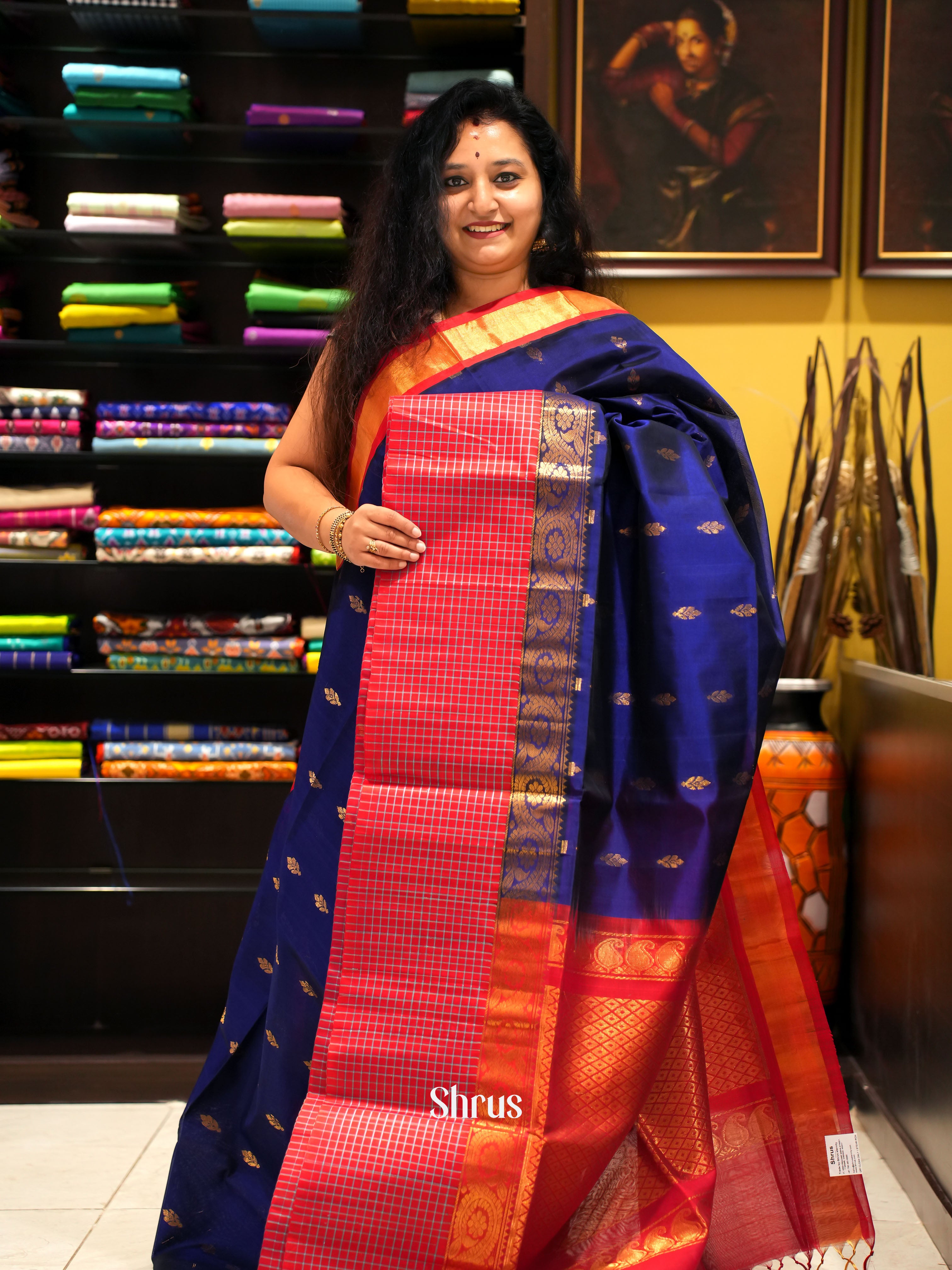 Blue And Red- Silk Cotton Saree - Shop on ShrusEternity.com