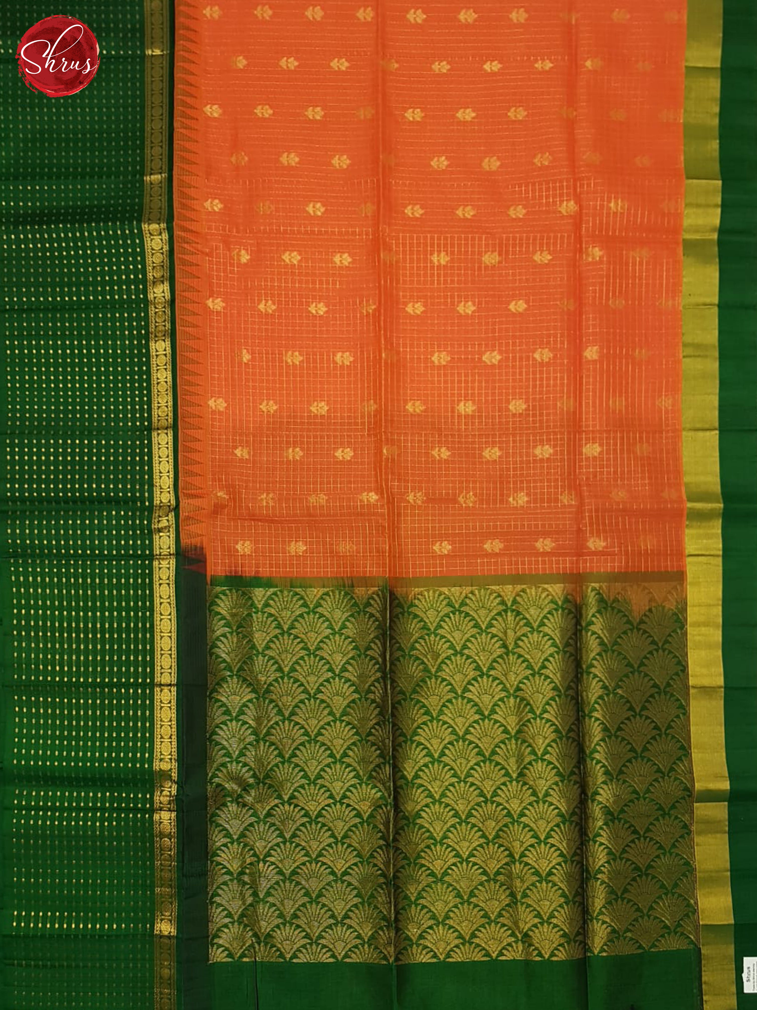 Orange And Green- Silk Cotton Saree - Shop on ShrusEternity.com