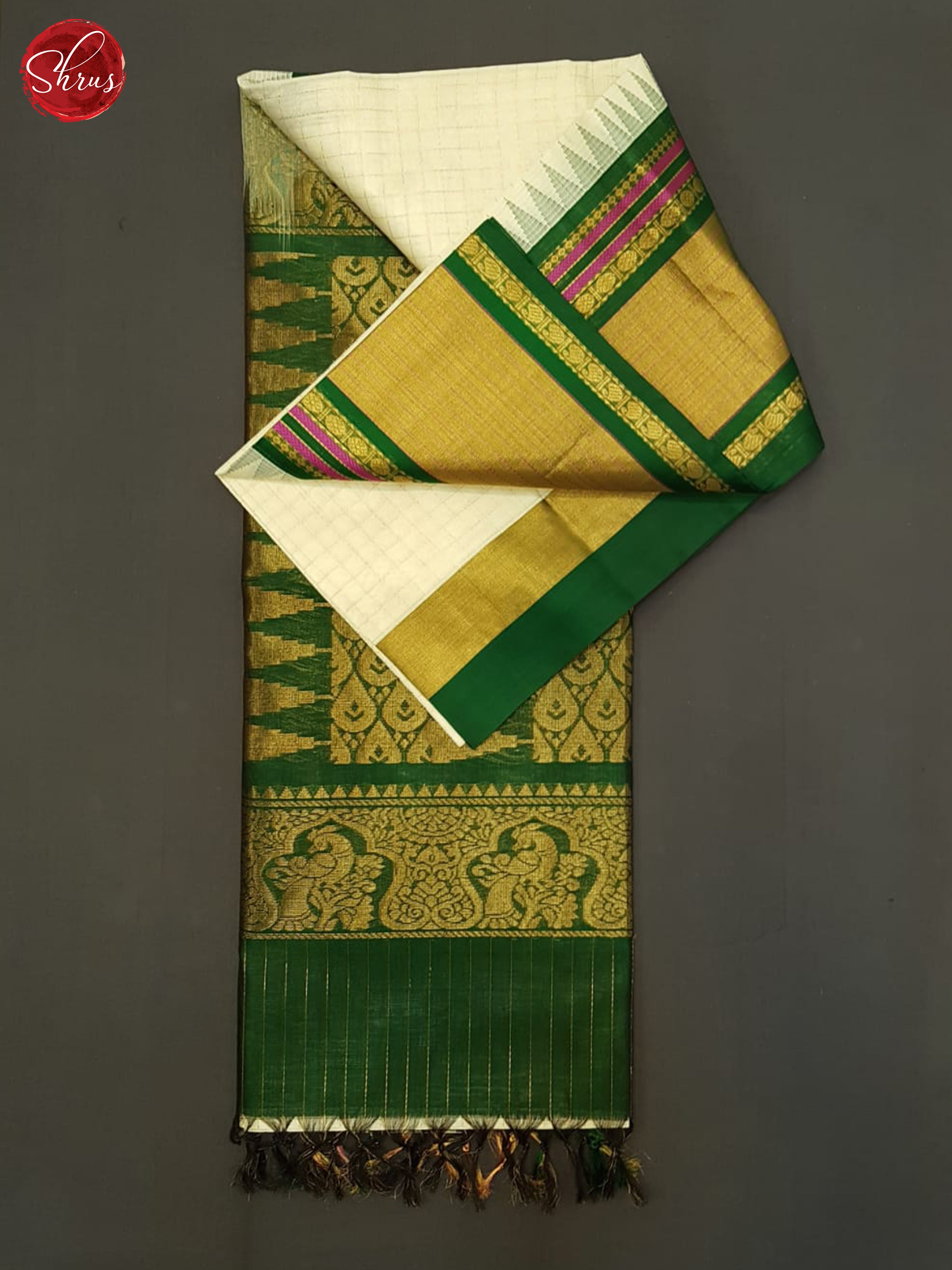 Cream And Green- Silk Cotton Saree - Shop on ShrusEternity.com