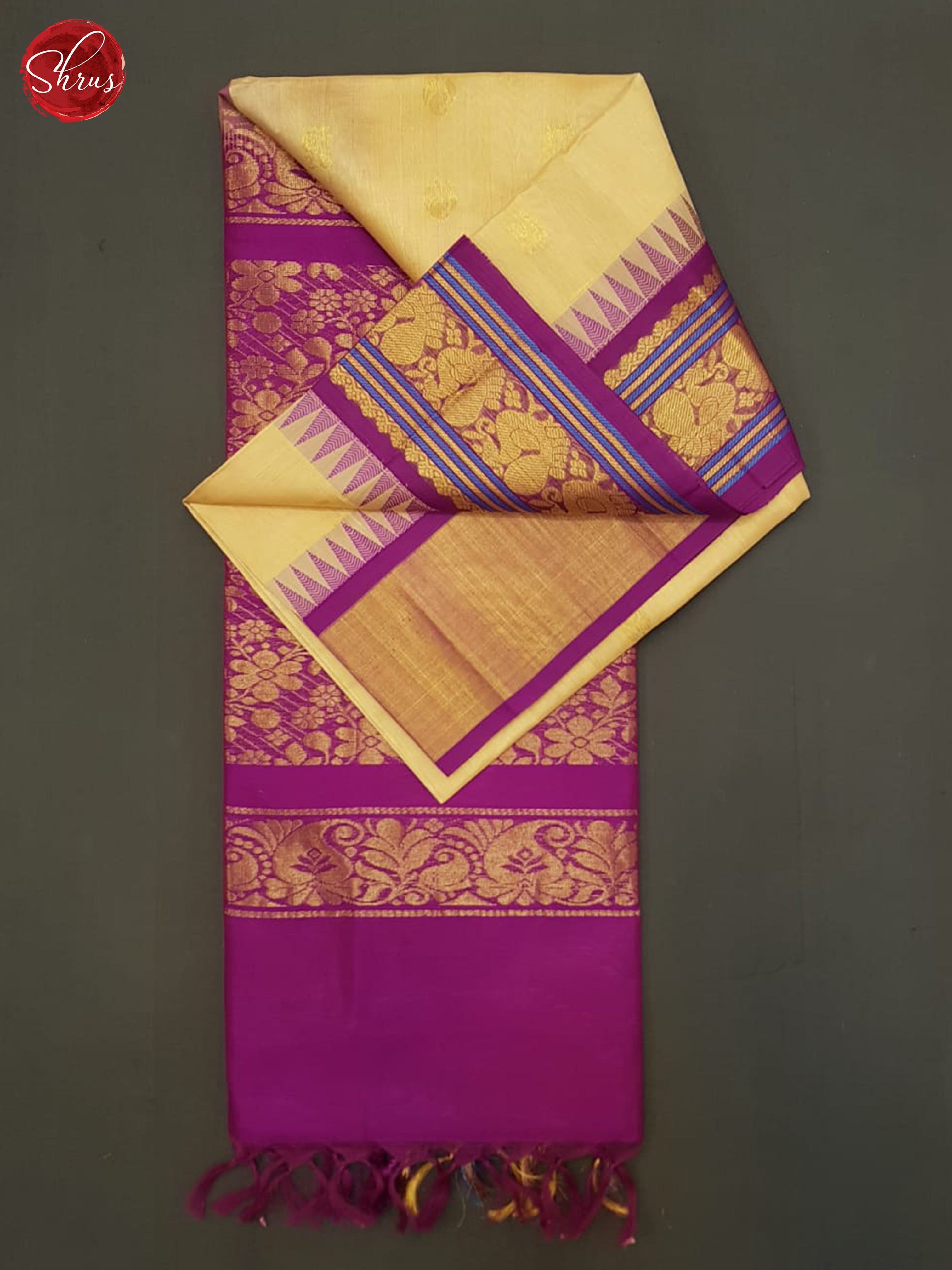 Beige And Purple- Silk Cotton Saree - Shop on ShrusEternity.com