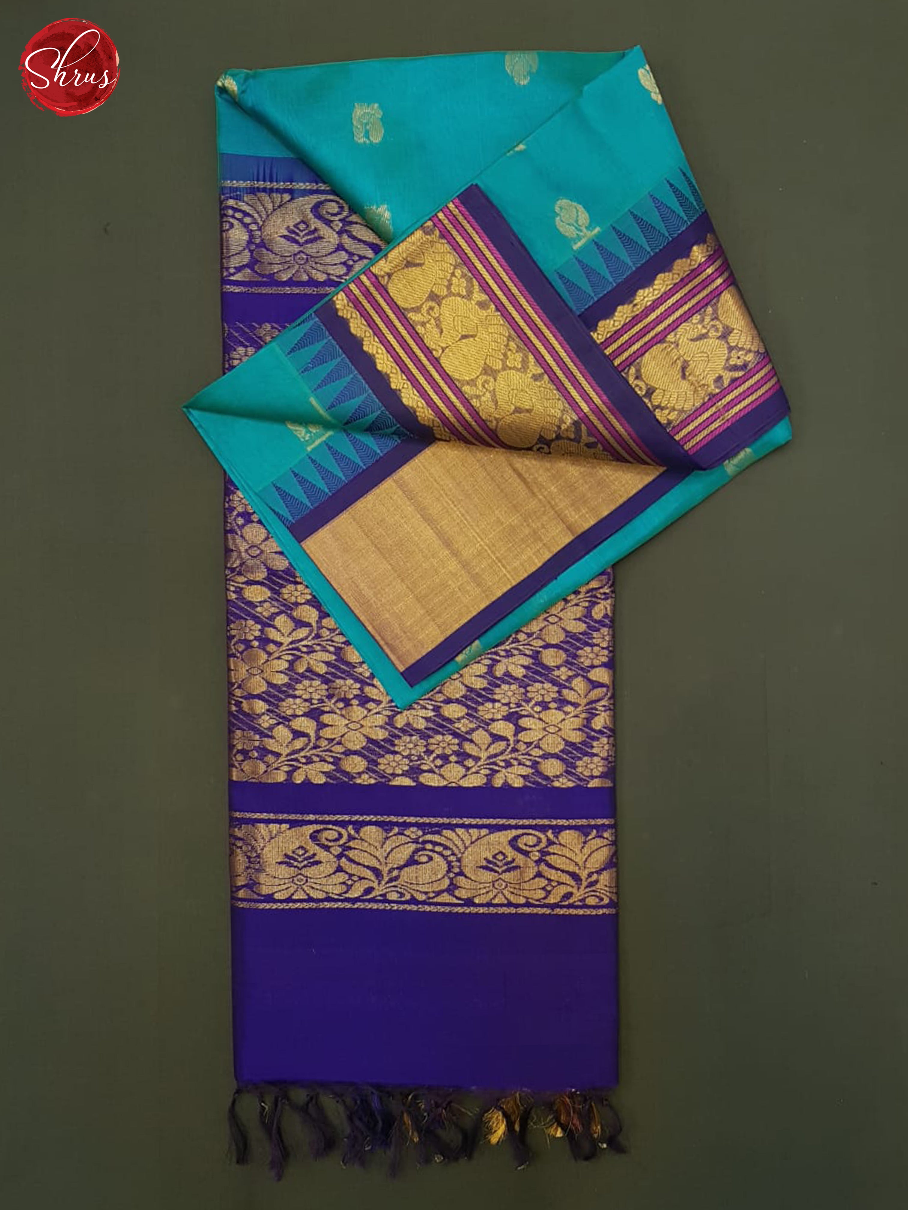 Sky Blue & Blue- Silk Cotton Saree - Shop on ShrusEternity.com