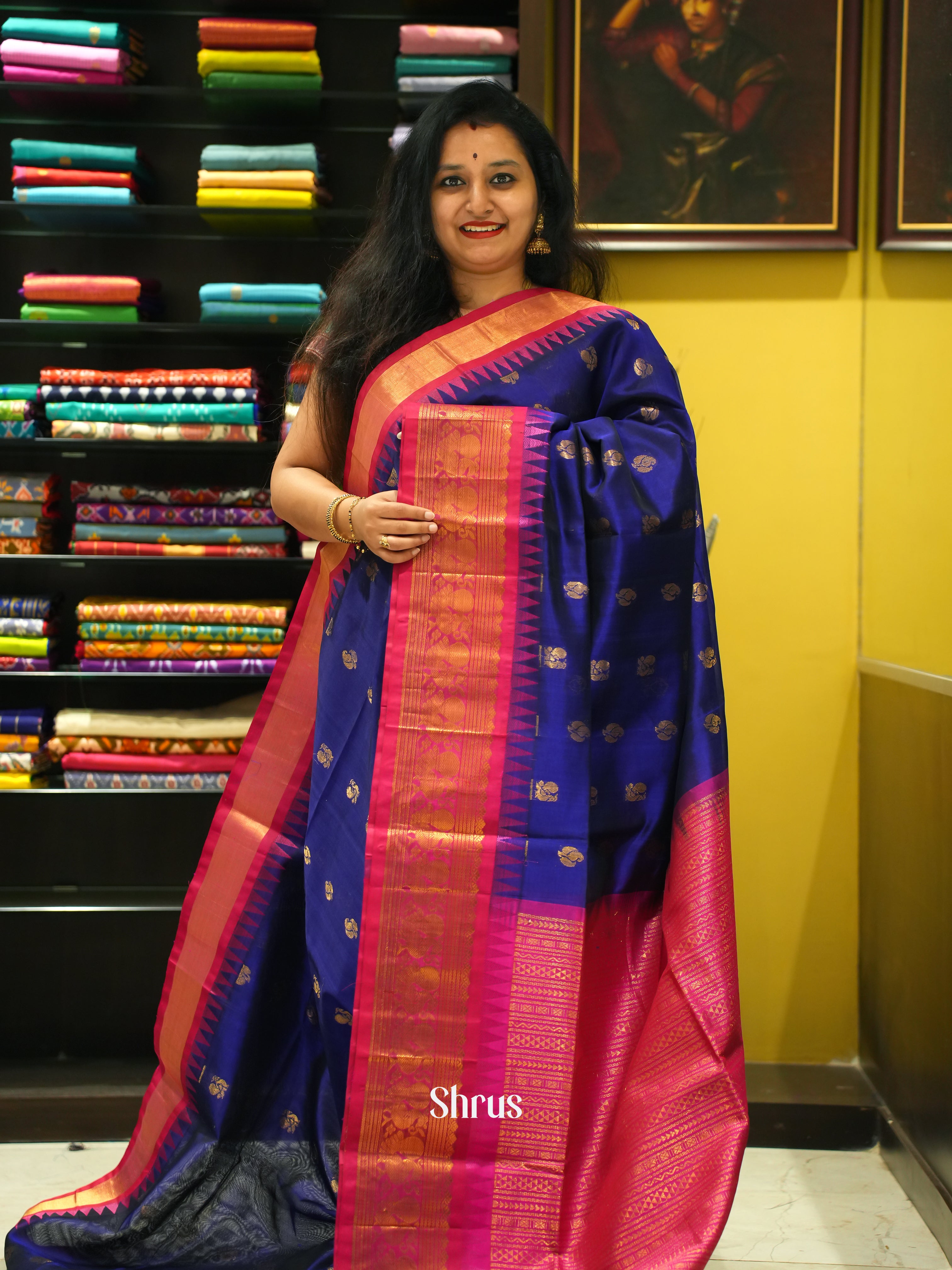 Blue And Pink- Silk Cotton Saree - Shop on ShrusEternity.com