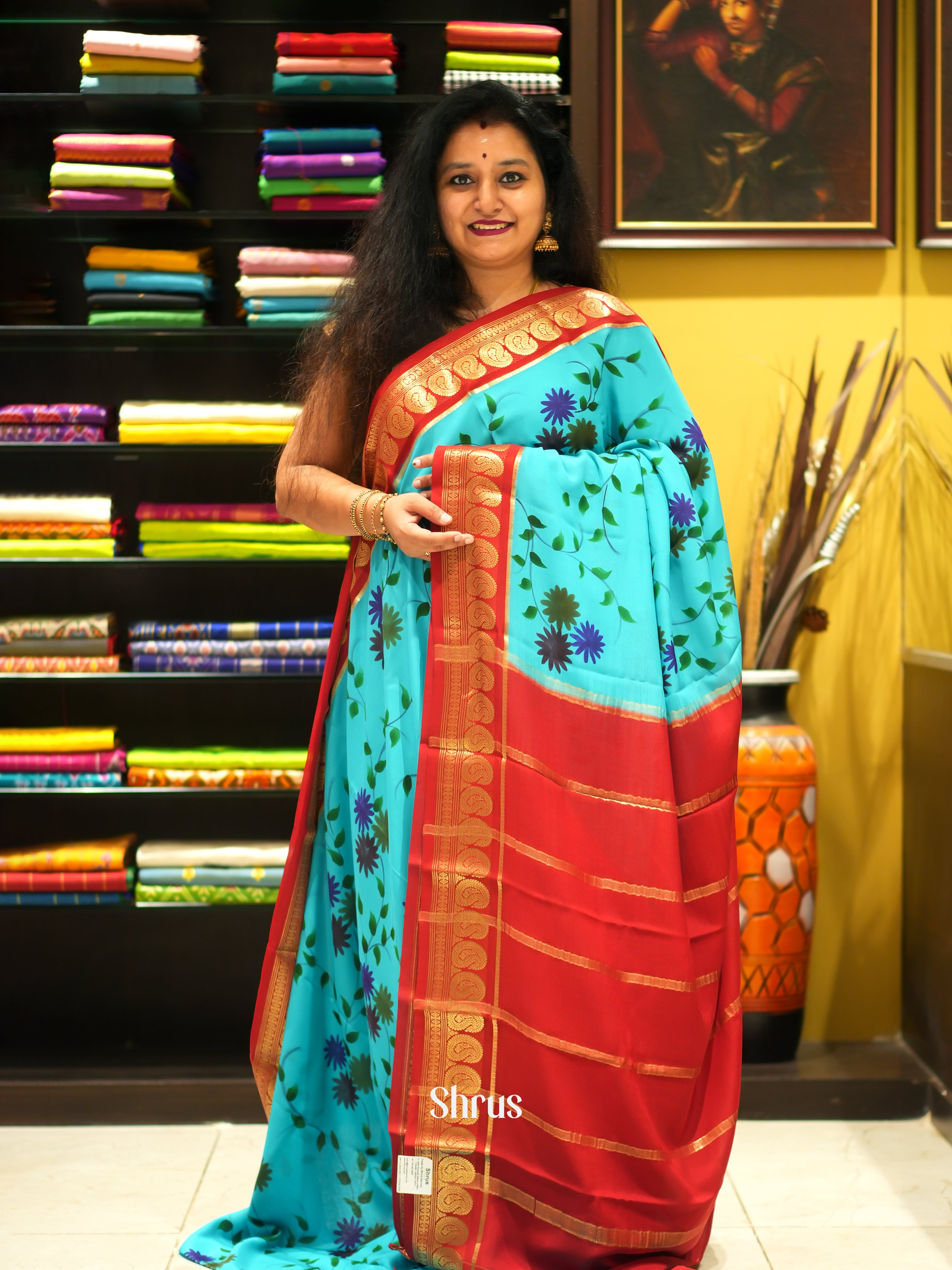 Blue And Red- Mysore SIlk Saree - Shop on ShrusEternity.com