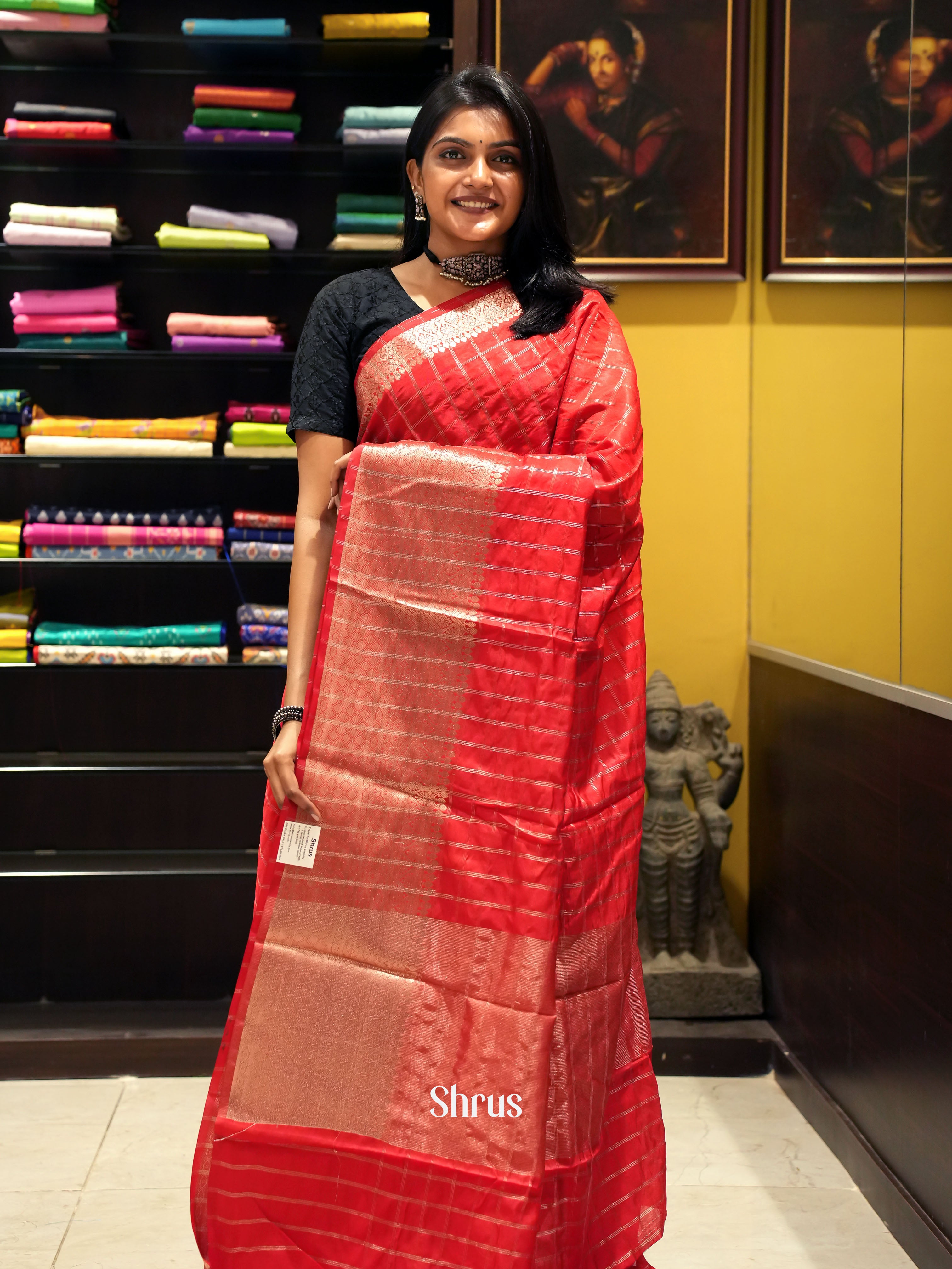 Red(Single Tone)- Semi Dupion Saree - Shop on ShrusEternity.com