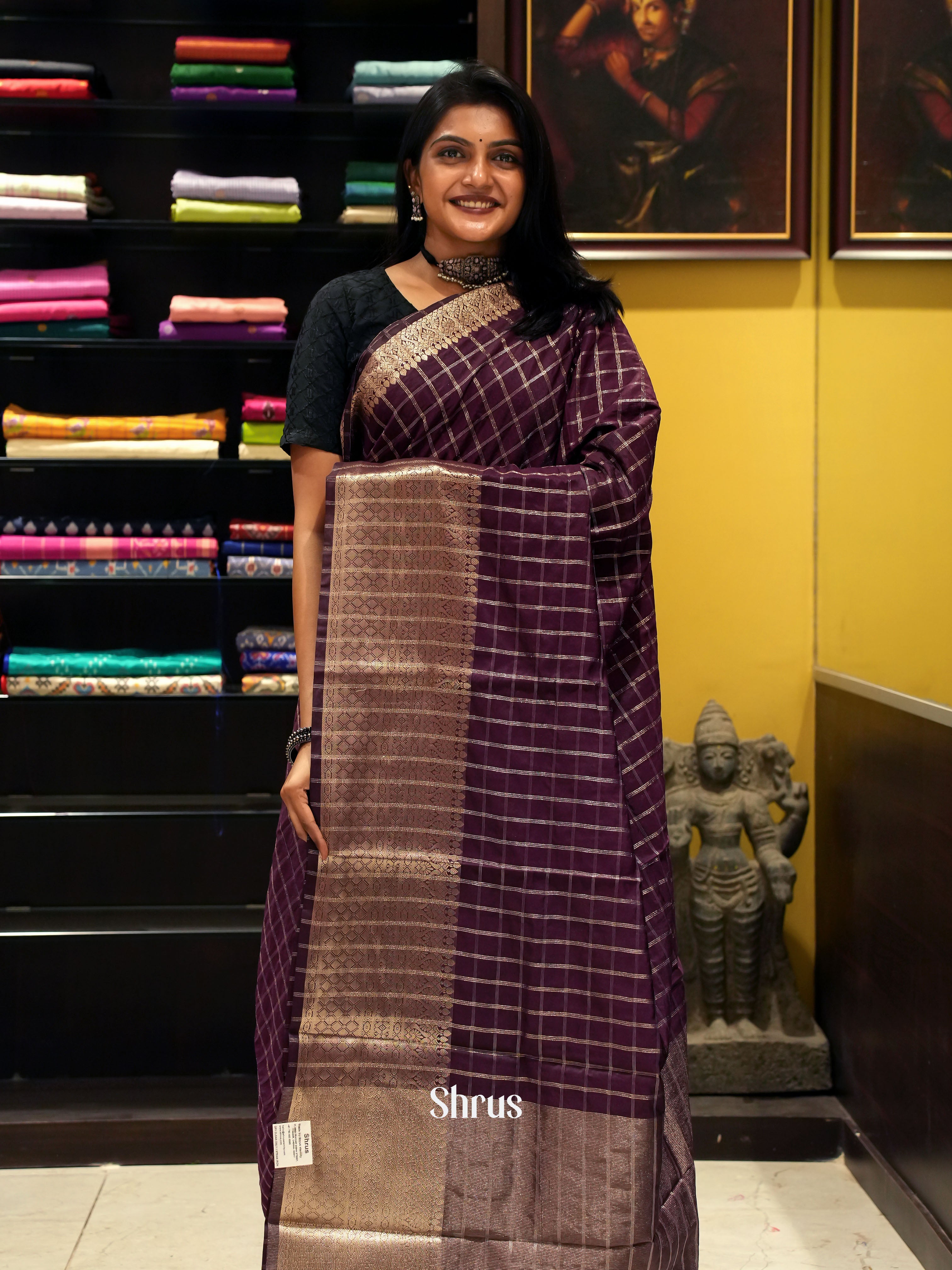 Deep Wine(Single Tone)-Semi Dupion Saree - Shop on ShrusEternity.com