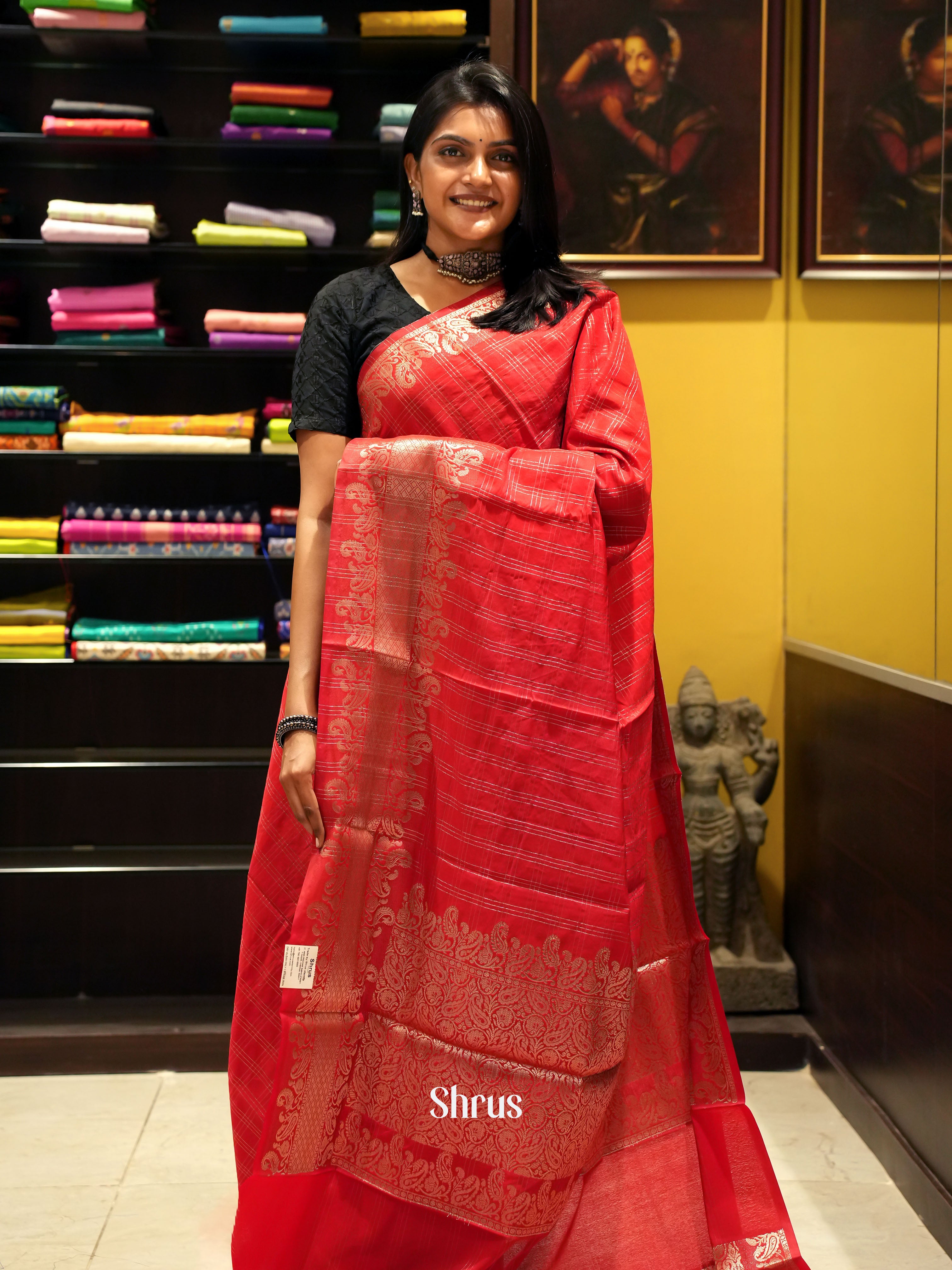 Red(Single Tone)- Semi Dupion Saree - Shop on ShrusEternity.com