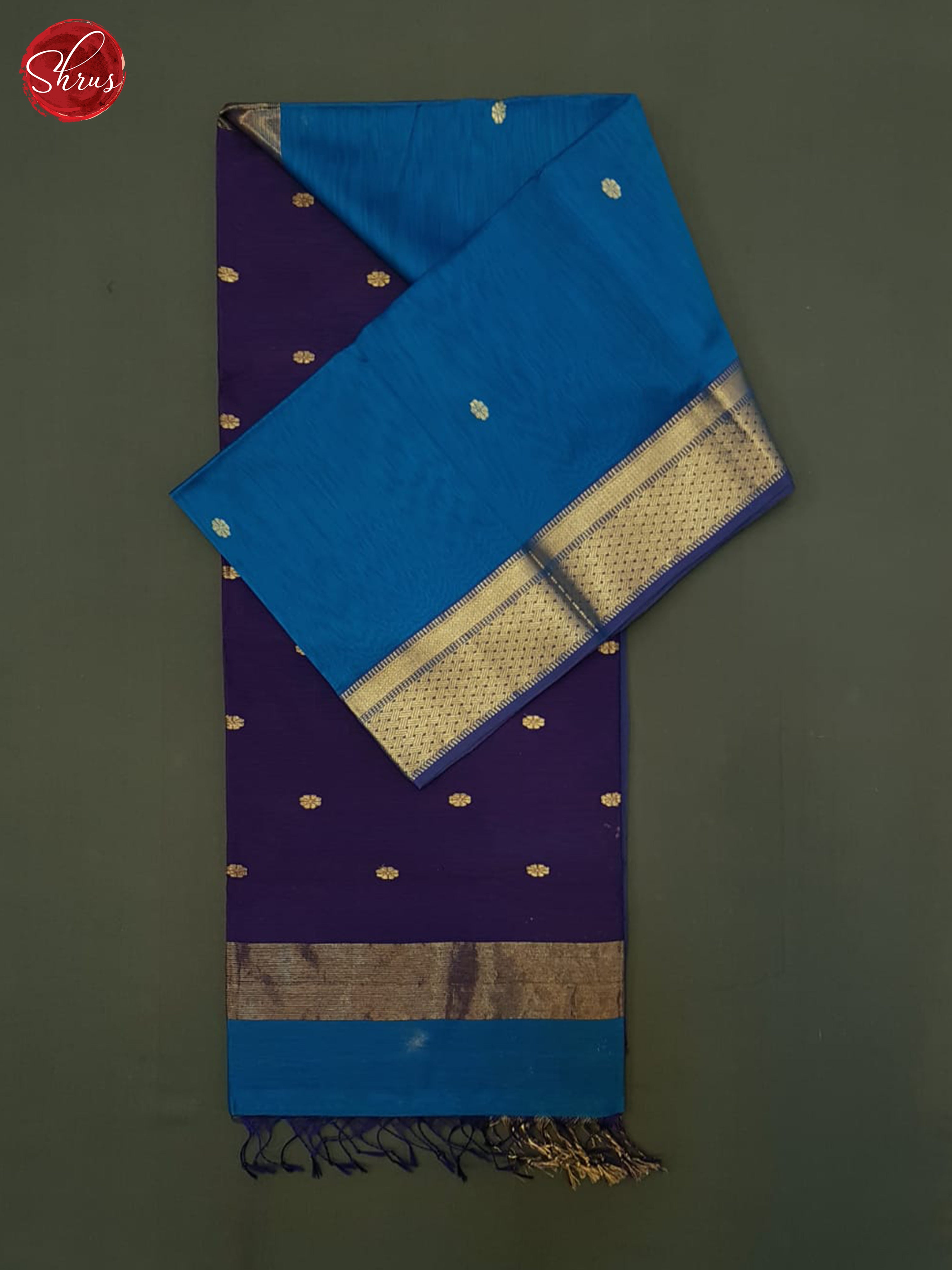 Blue And Eggplant- Maheshwari Silk Cotton Saree - Shop on ShrusEternity.com