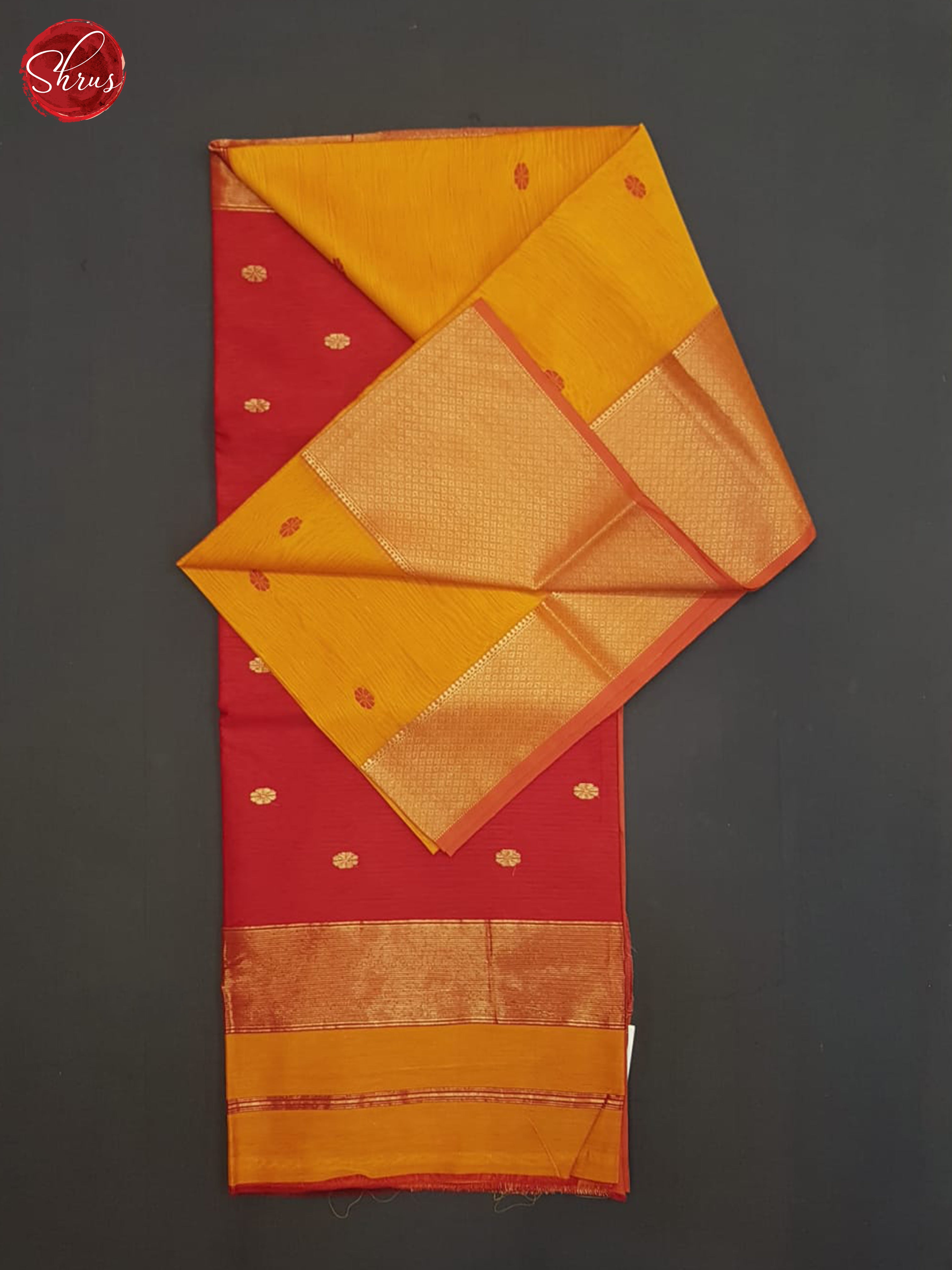 Mustard And Red- Maheshwari Silk Cotton Saree - Shop on ShrusEternity.com