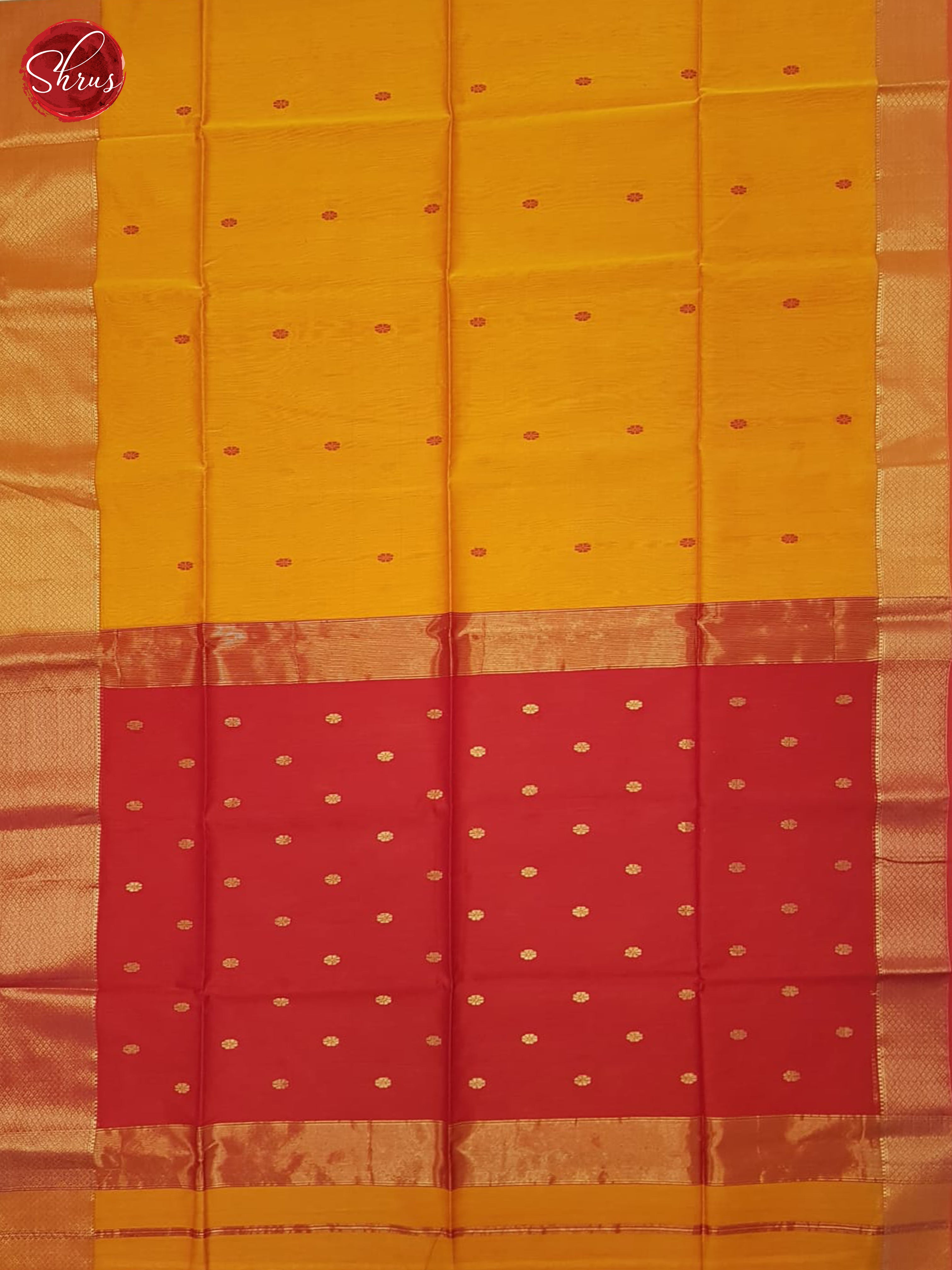 Mustard And Red- Maheshwari Silk Cotton Saree - Shop on ShrusEternity.com
