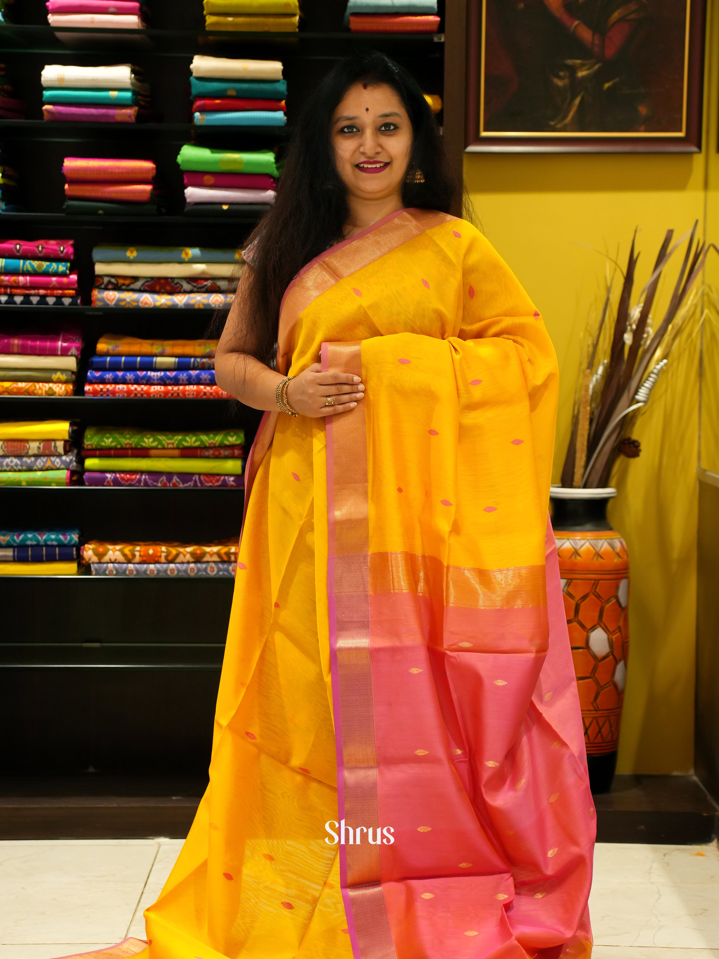 Yellow And Pink- Maheshwari Silk Cotton Saree - Shop on ShrusEternity.com