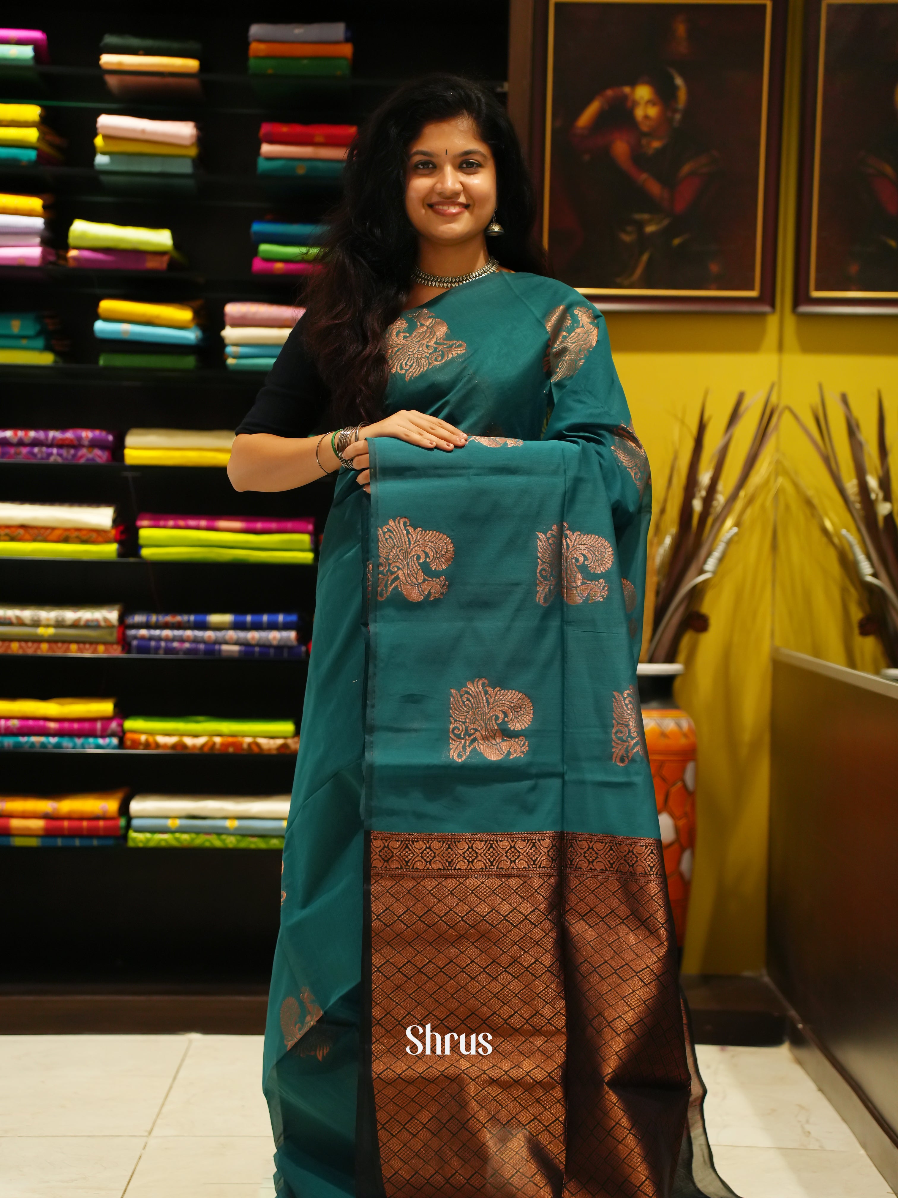 Teal & Black - Semi Silkcotton Saree - Shop on ShrusEternity.com