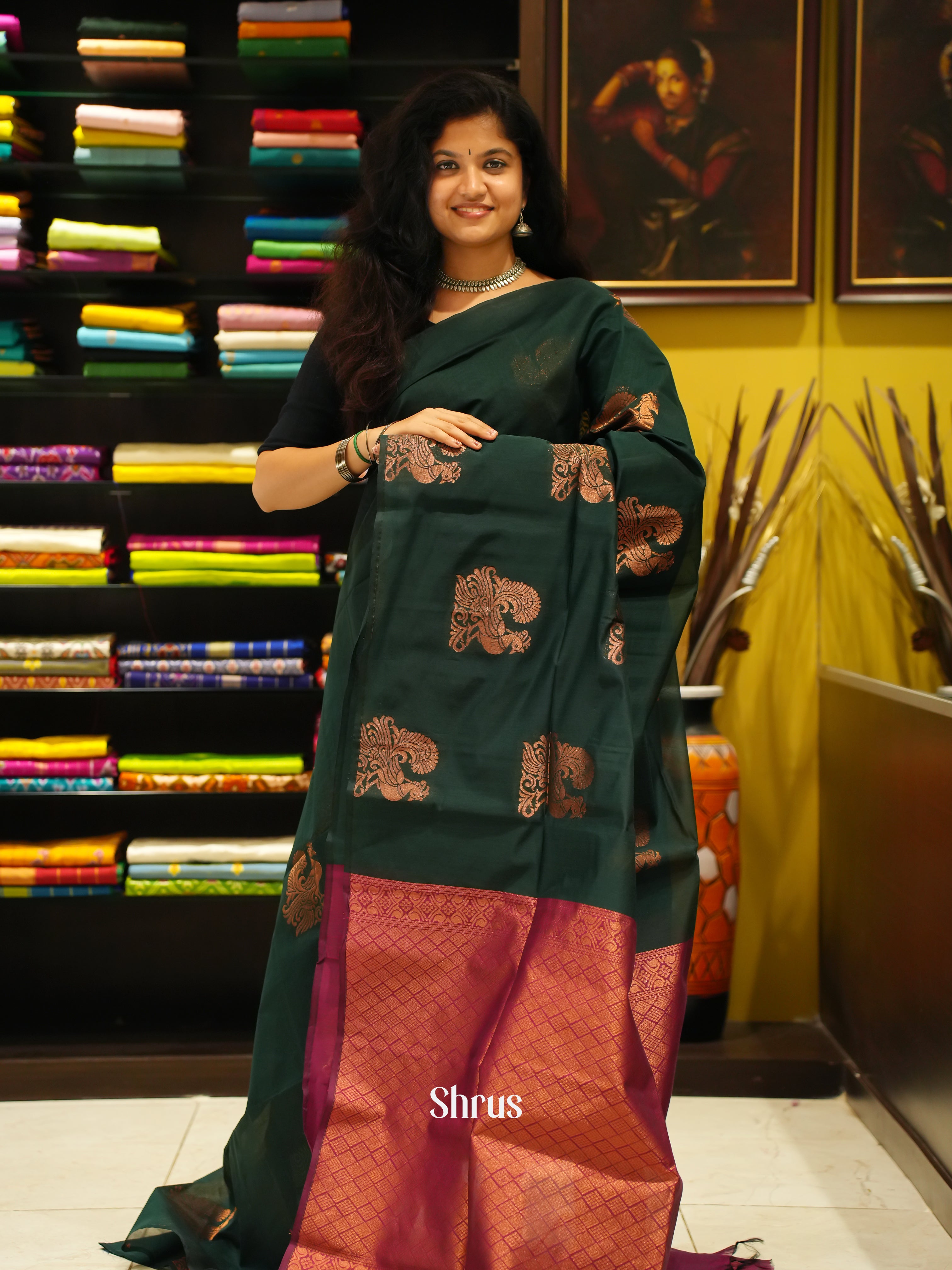 Green & Wine-Semi Silkcotton Saree - Shop on ShrusEternity.com