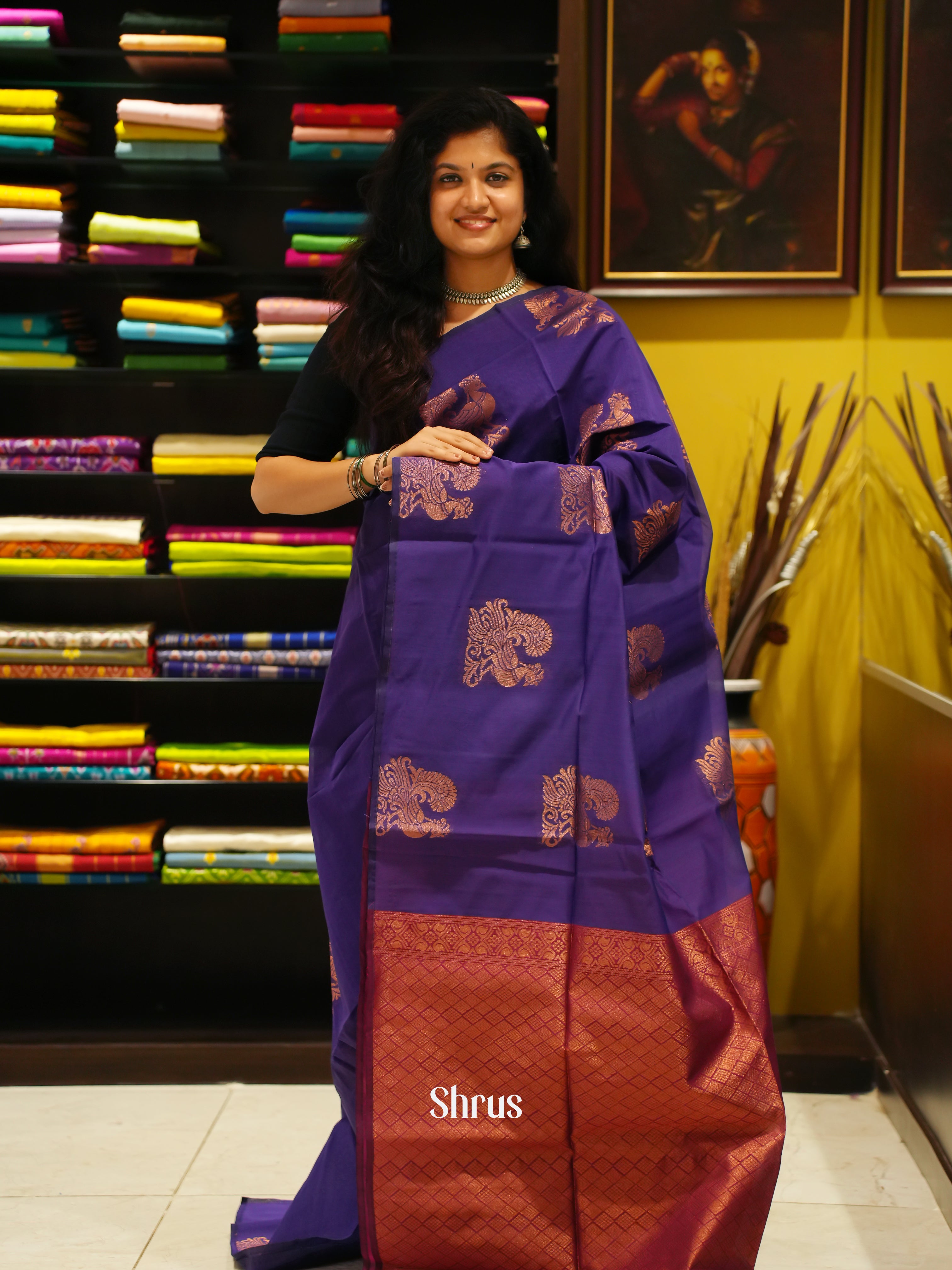 Purple And Pink- Semi Silk Cotton Saree - Shop on ShrusEternity.com