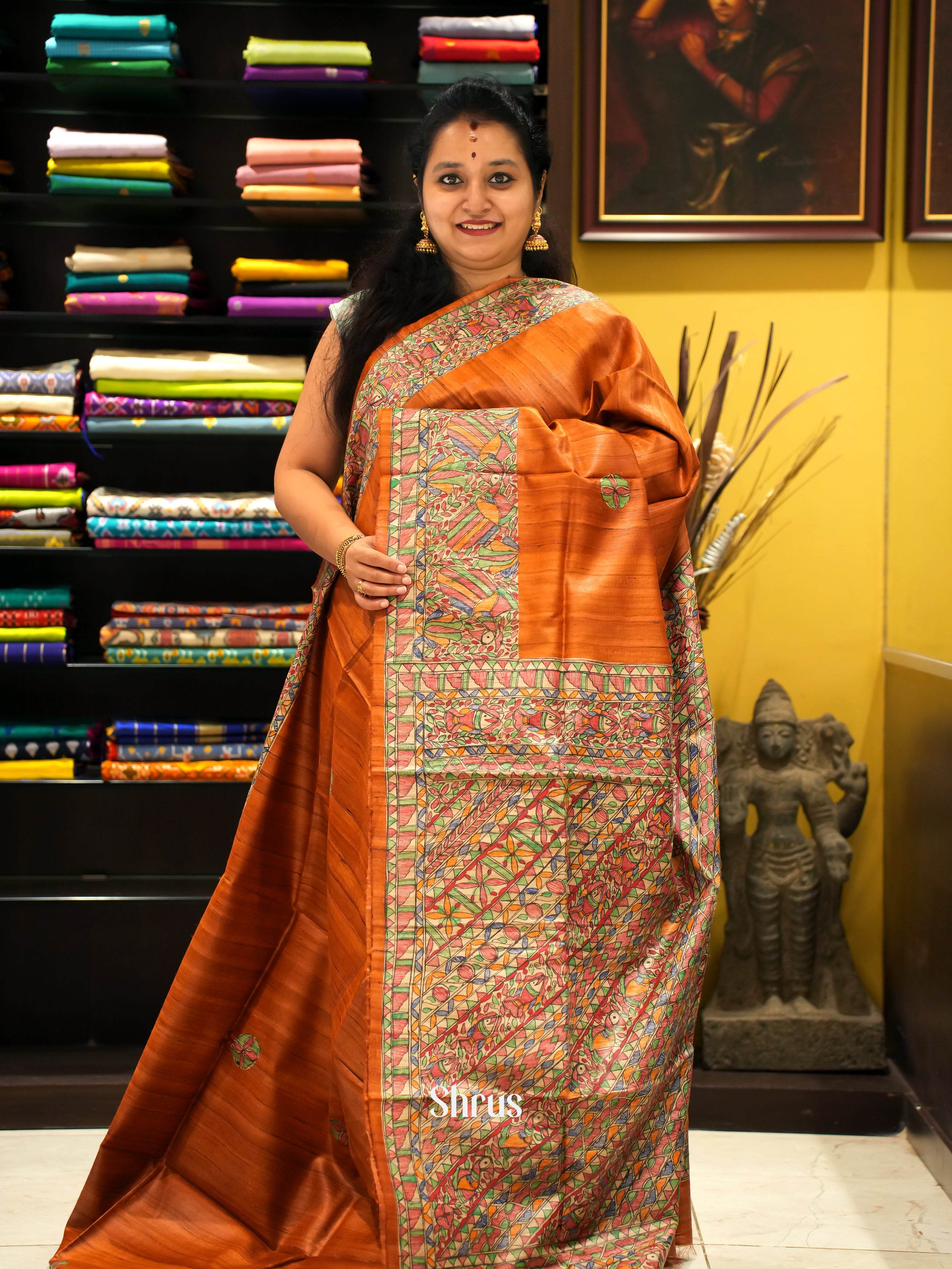 Brick Orange & Cream - Tussar Silk Saree - Shop on ShrusEternity.com