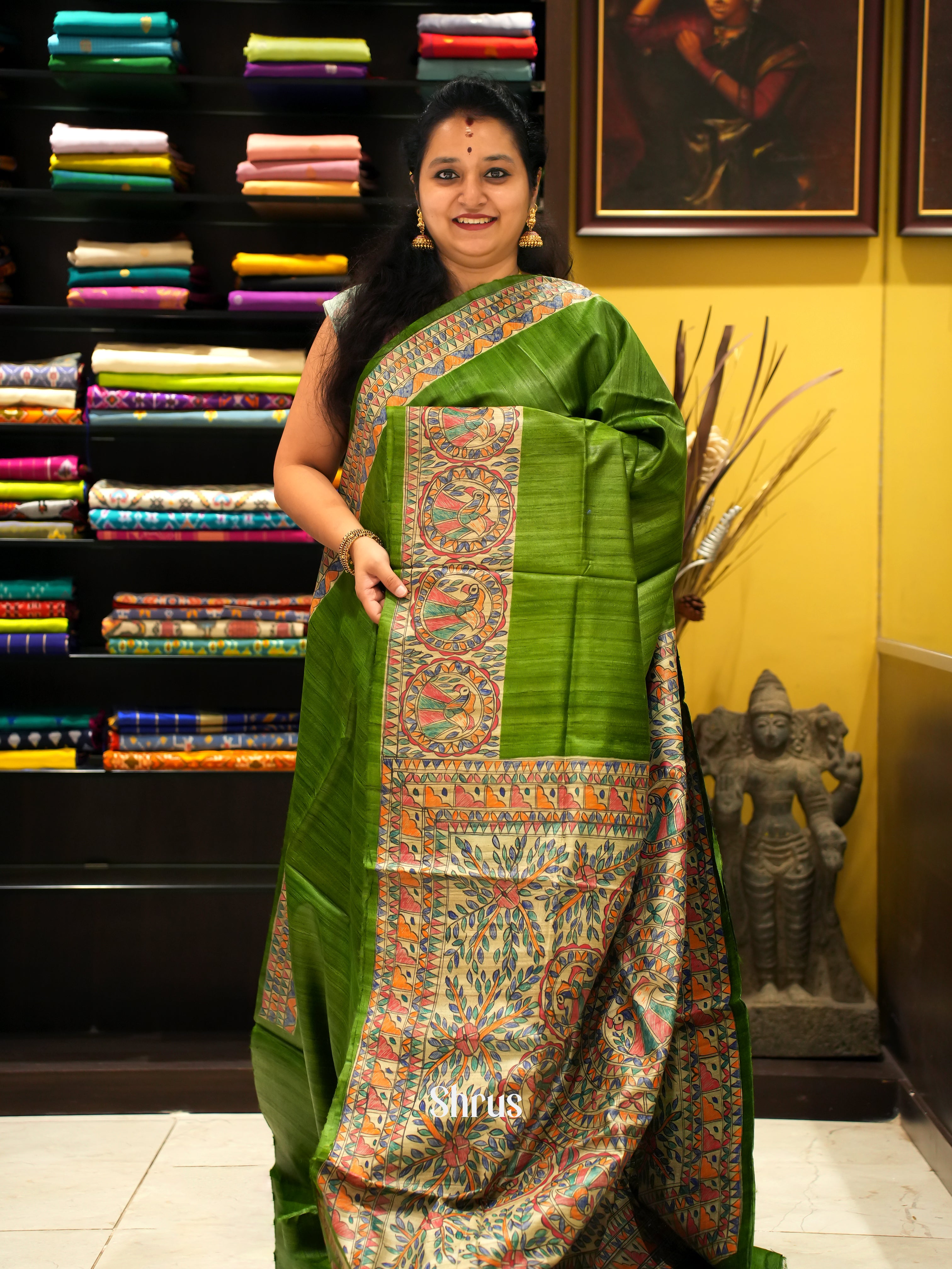 Green & Cream - Tussar Silk Saree - Shop on ShrusEternity.com