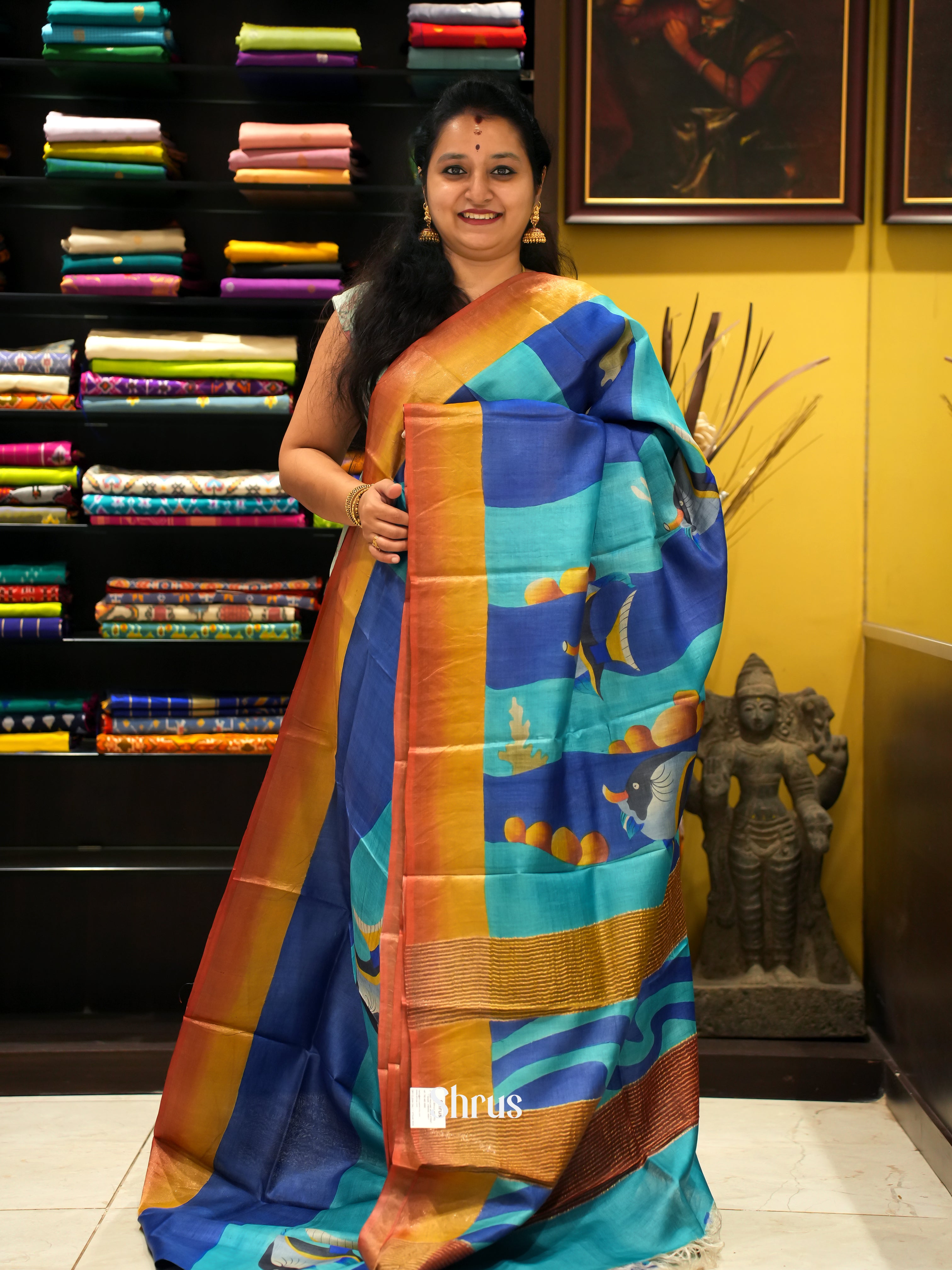 Blue And Brown - Tussar Silk Saree - Shop on ShrusEternity.com