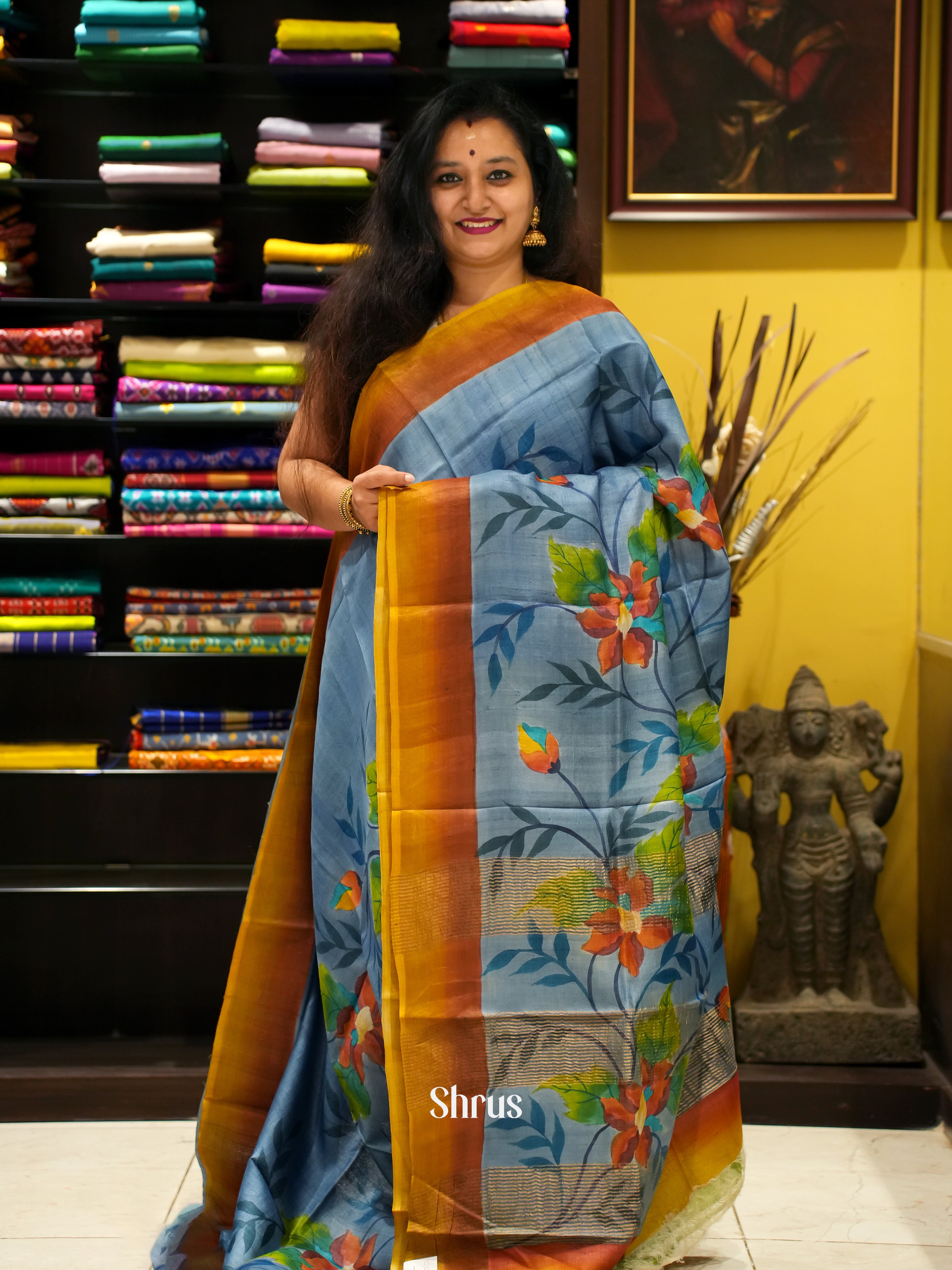 Blue And Green- Tussar Silk Saree - Shop on ShrusEternity.com
