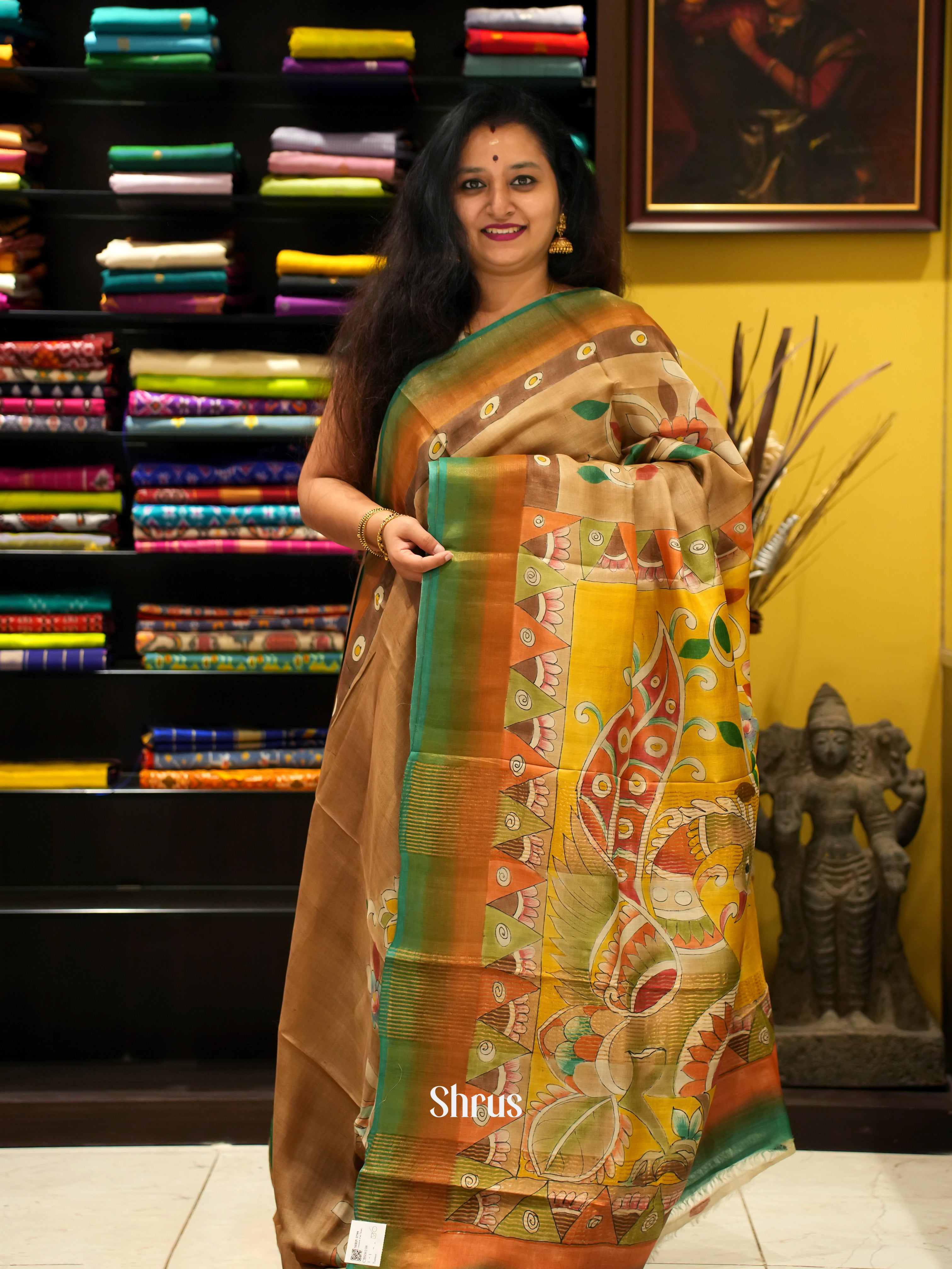Brown & Green - Tussar Silk Saree - Shop on ShrusEternity.com
