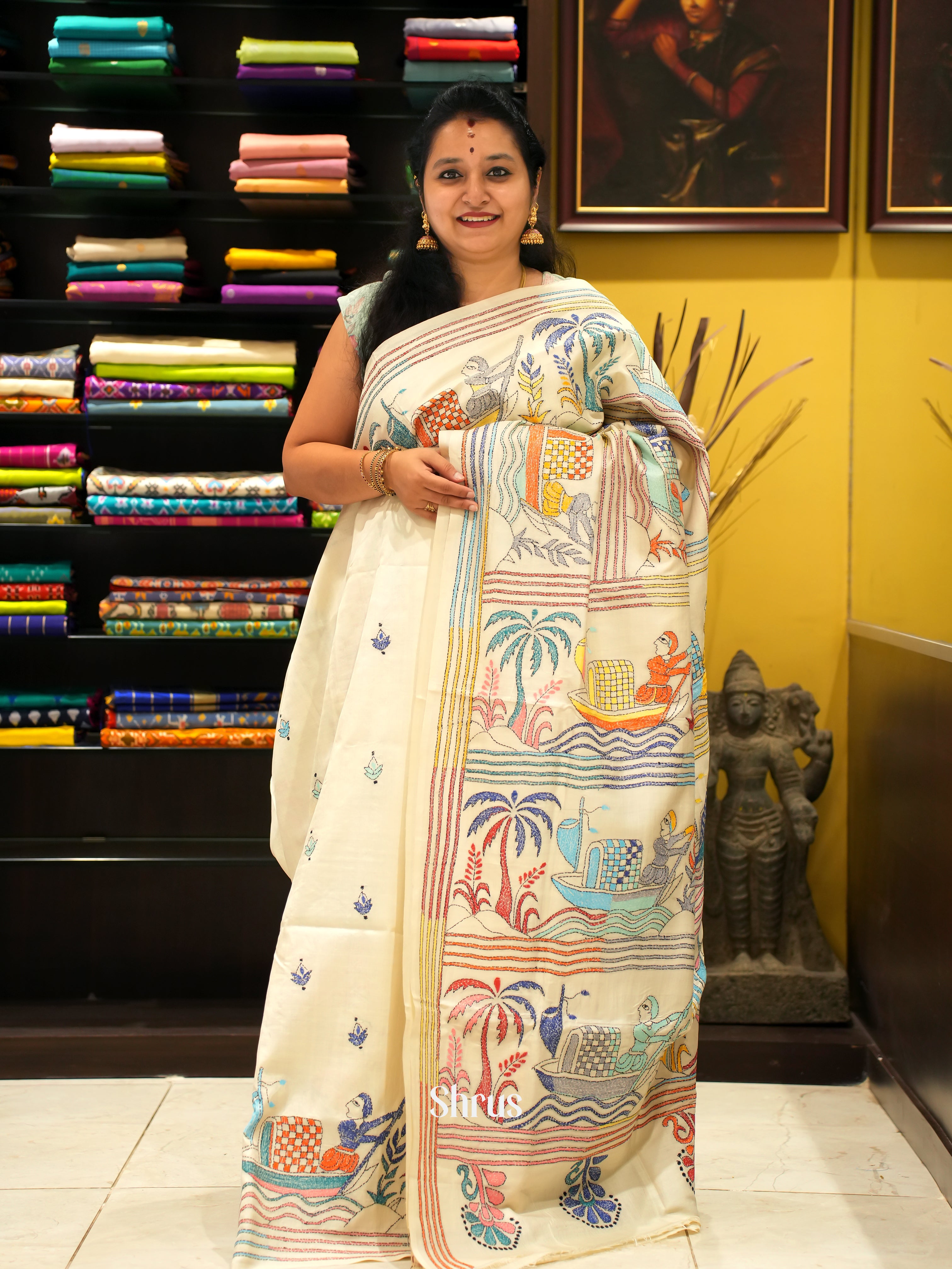 Cream- Tussar Saree(Kantha Stitch) - Shop on ShrusEternity.com