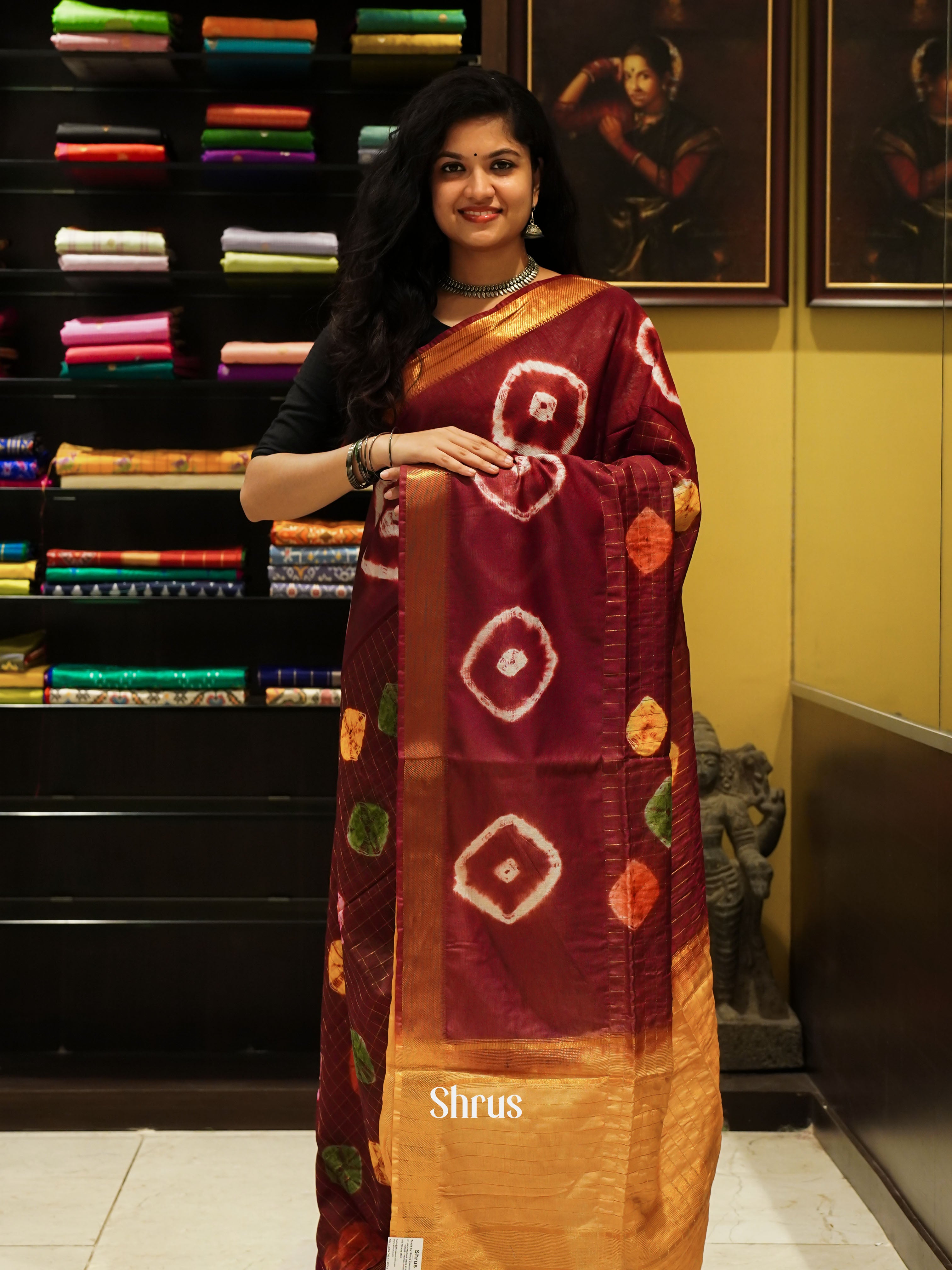 Maroon And Mustard- Shibori Saree - Shop on ShrusEternity.com