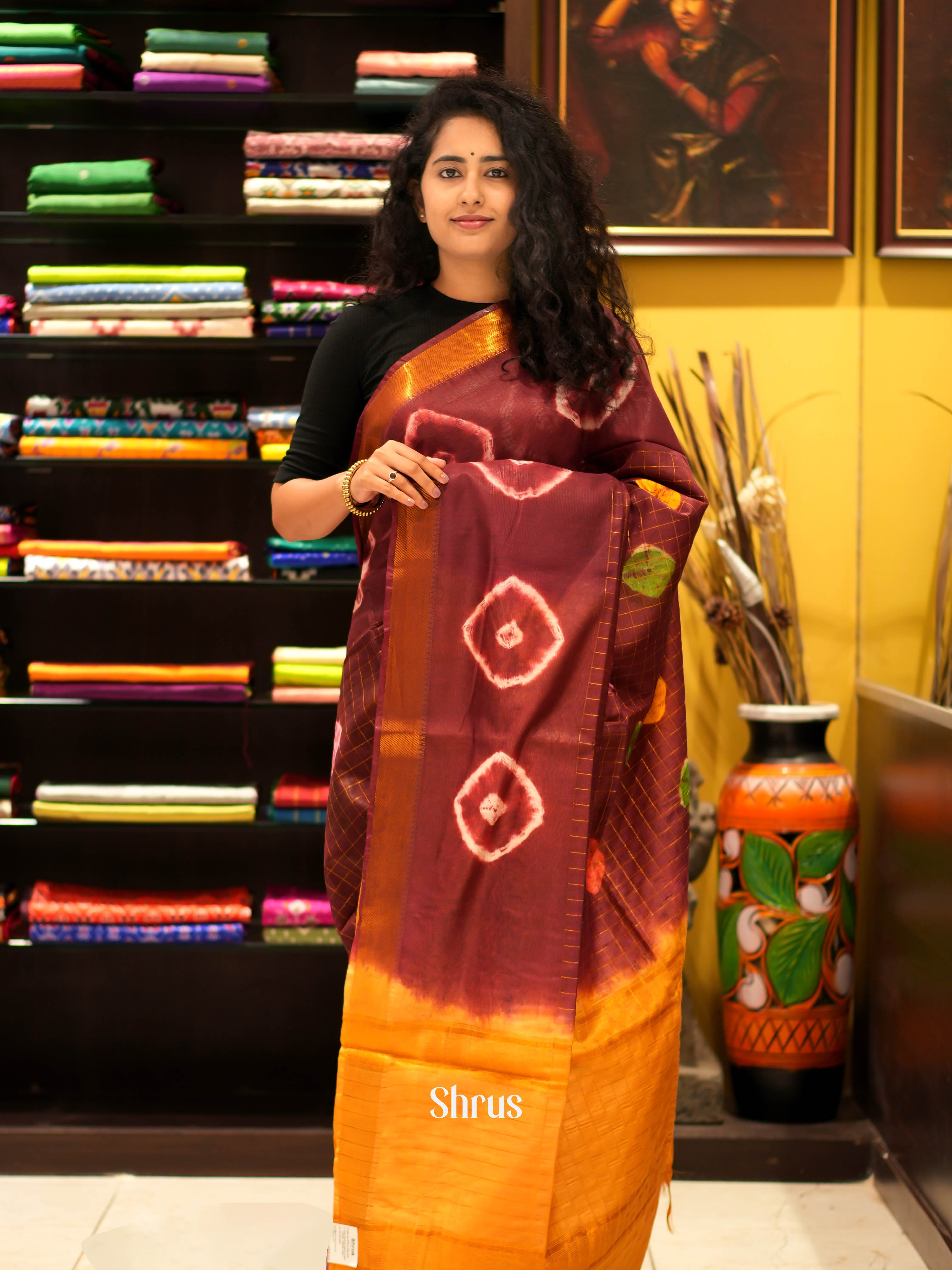 Maroon And Mustard- Shibori Saree - Shop on ShrusEternity.com
