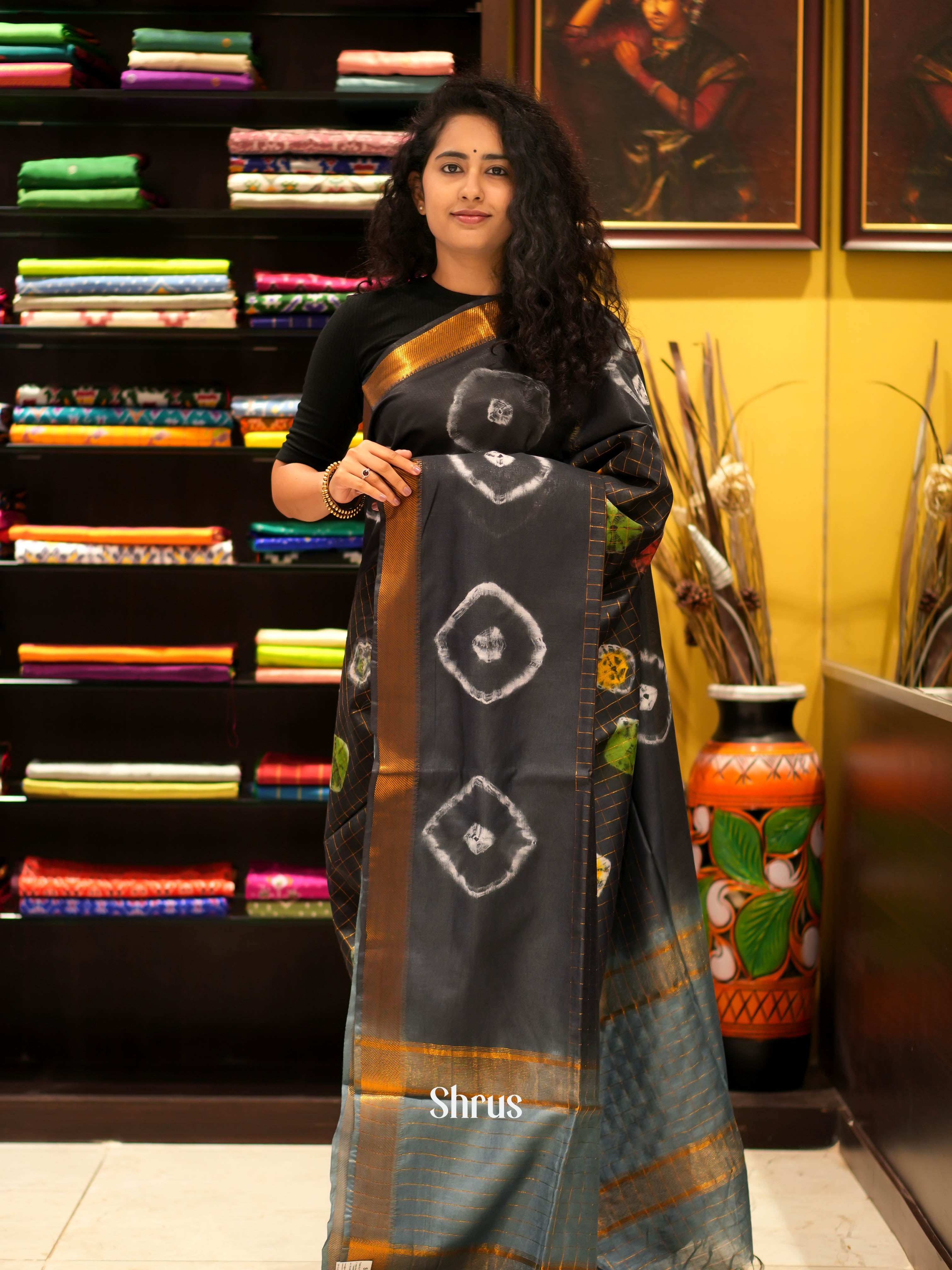 Elephant Black & Grey - Shibori Saree - Shop on ShrusEternity.com