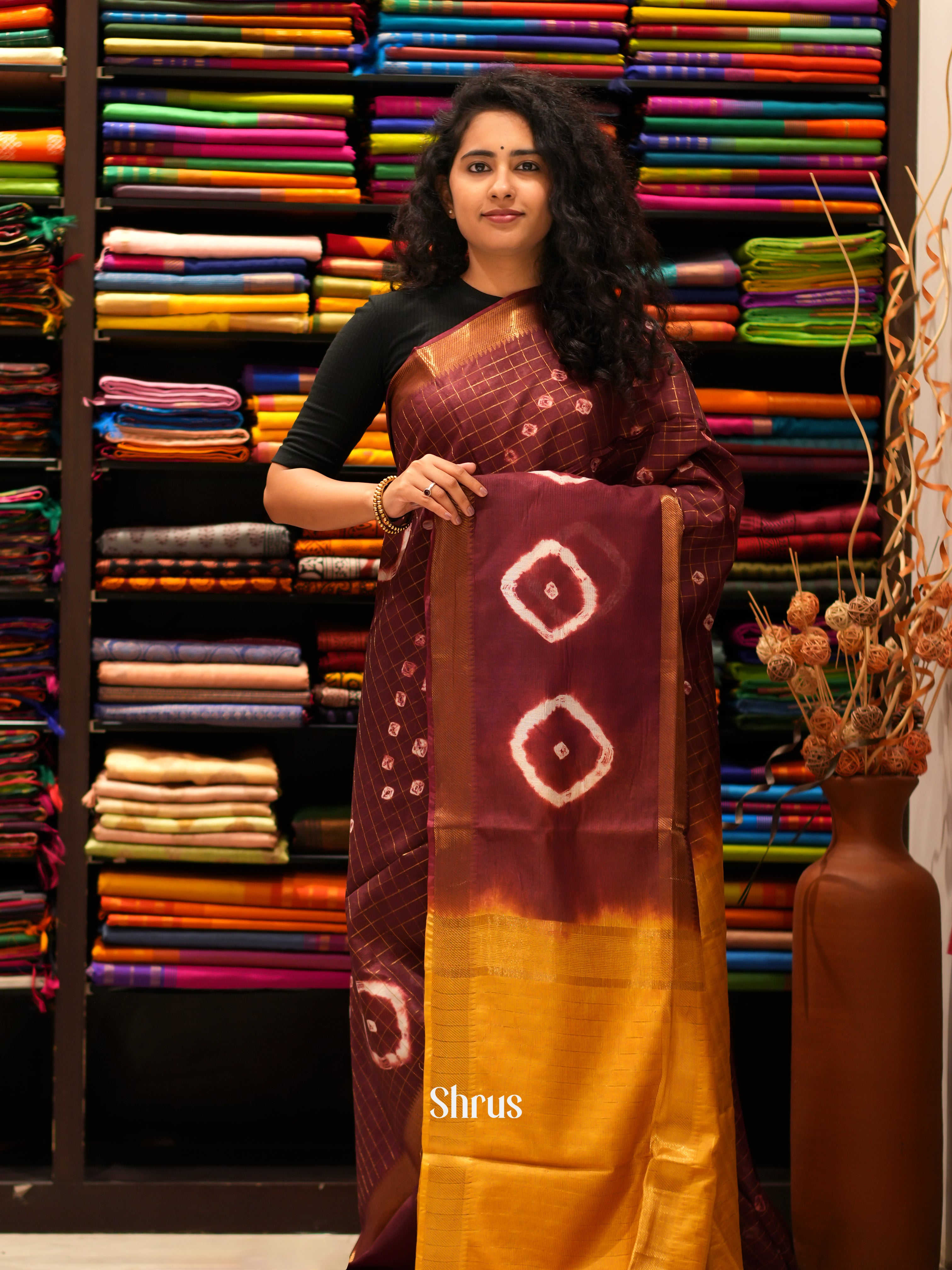 Maroon And Mustard- Shibori saree - Shop on ShrusEternity.com