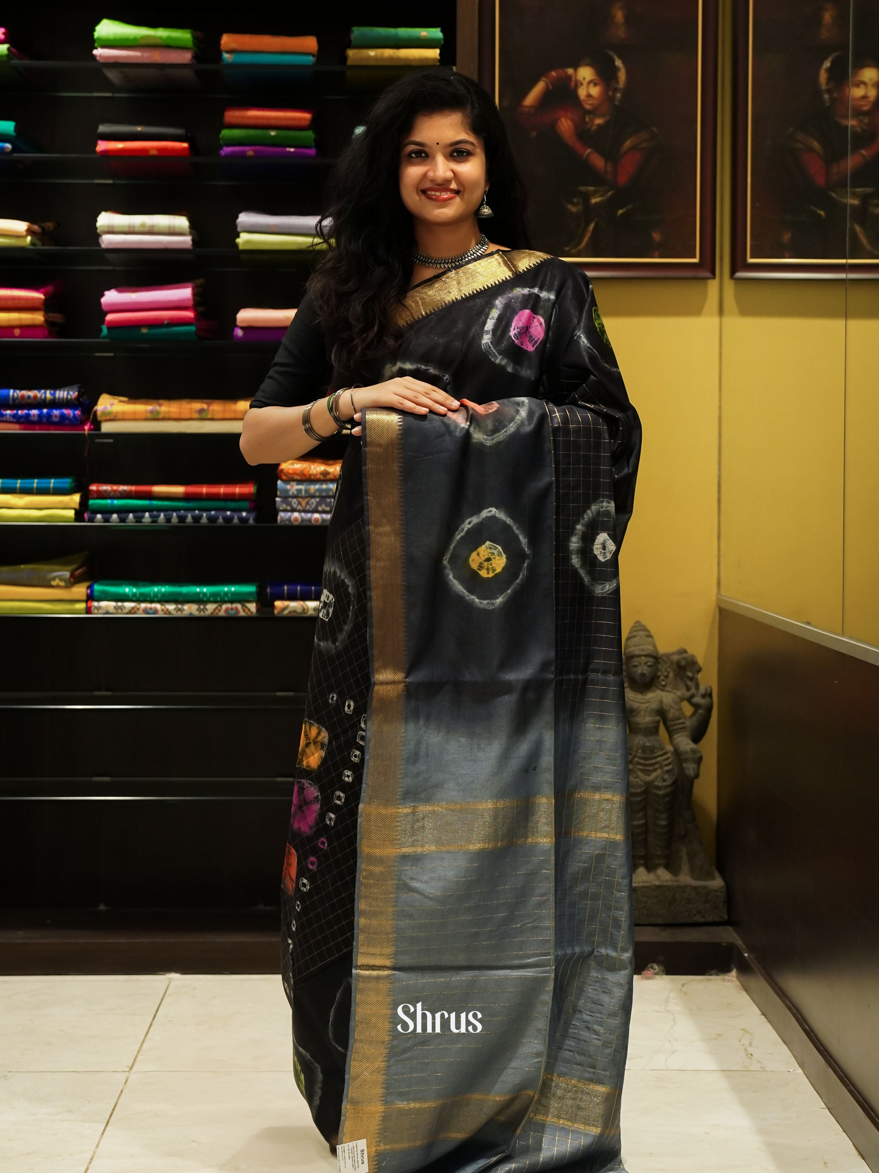 Elephant Black & Grey- Shibori saree - Shop on ShrusEternity.com