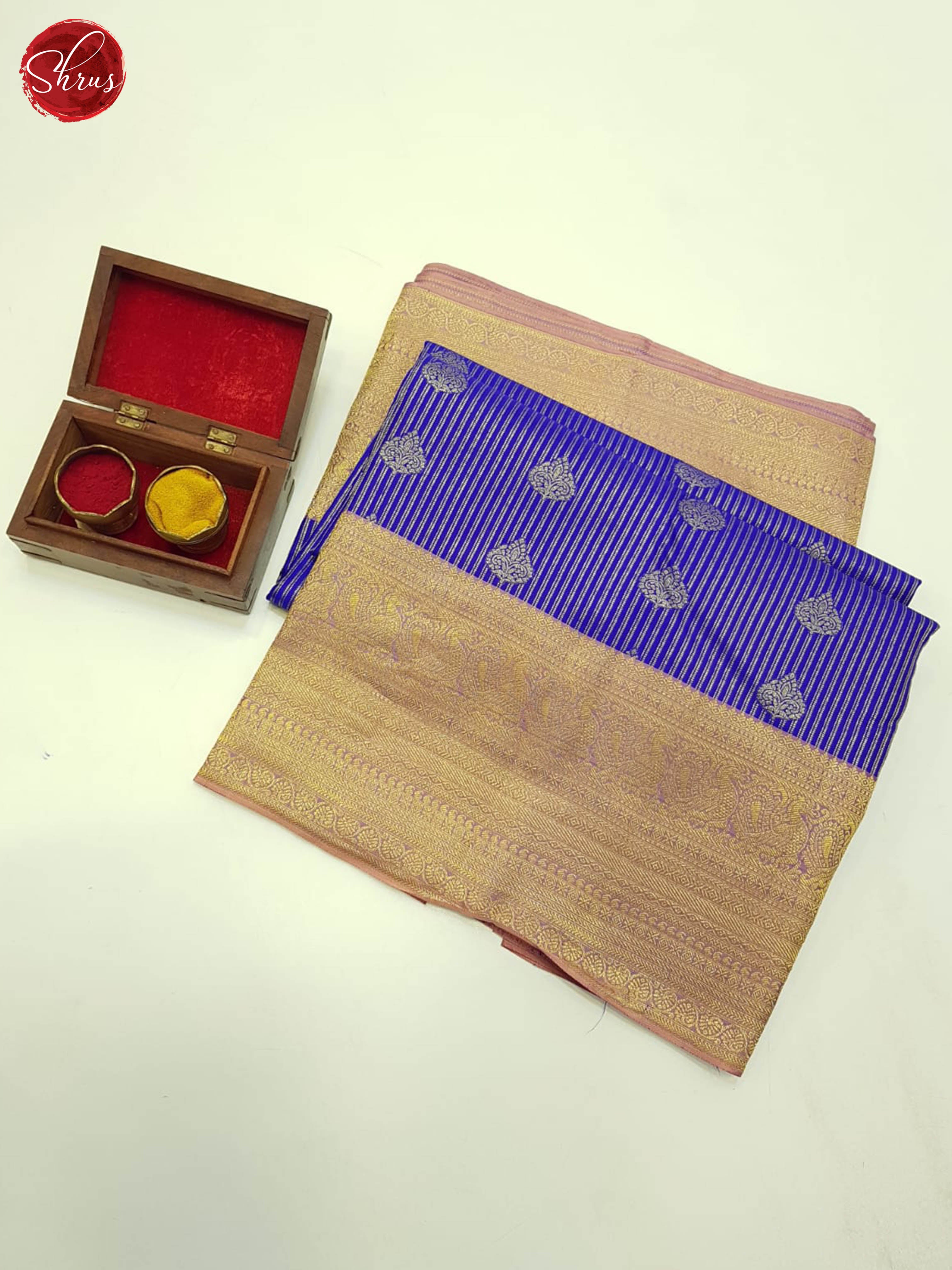 Regal Blue And Peach Kanchipuram Silk Saree With Zari Woven Stripes And Floral Buttas-1