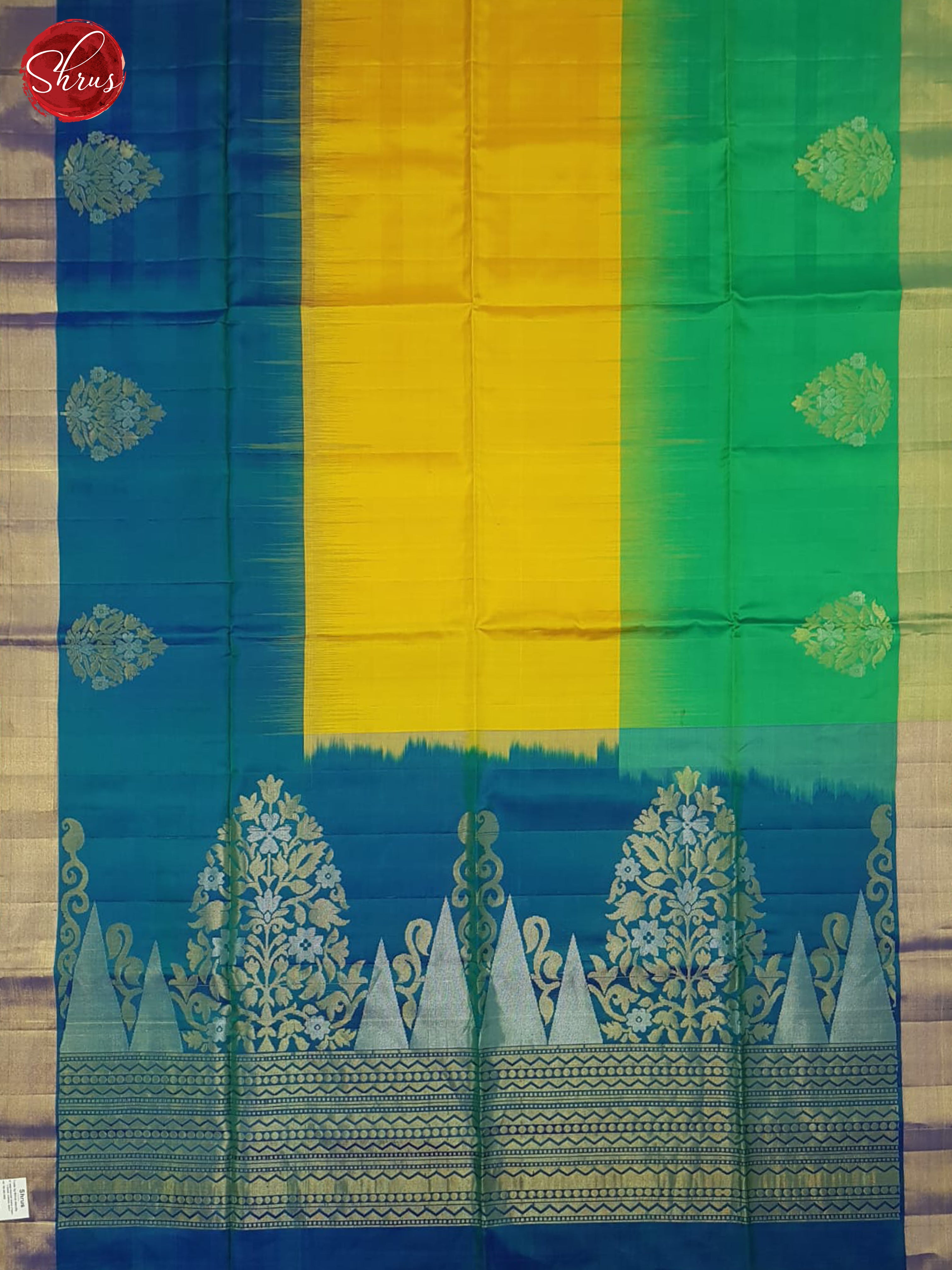 Yellow , Green & Blue- Soft Silk Saree - Shop on ShrusEternity.com