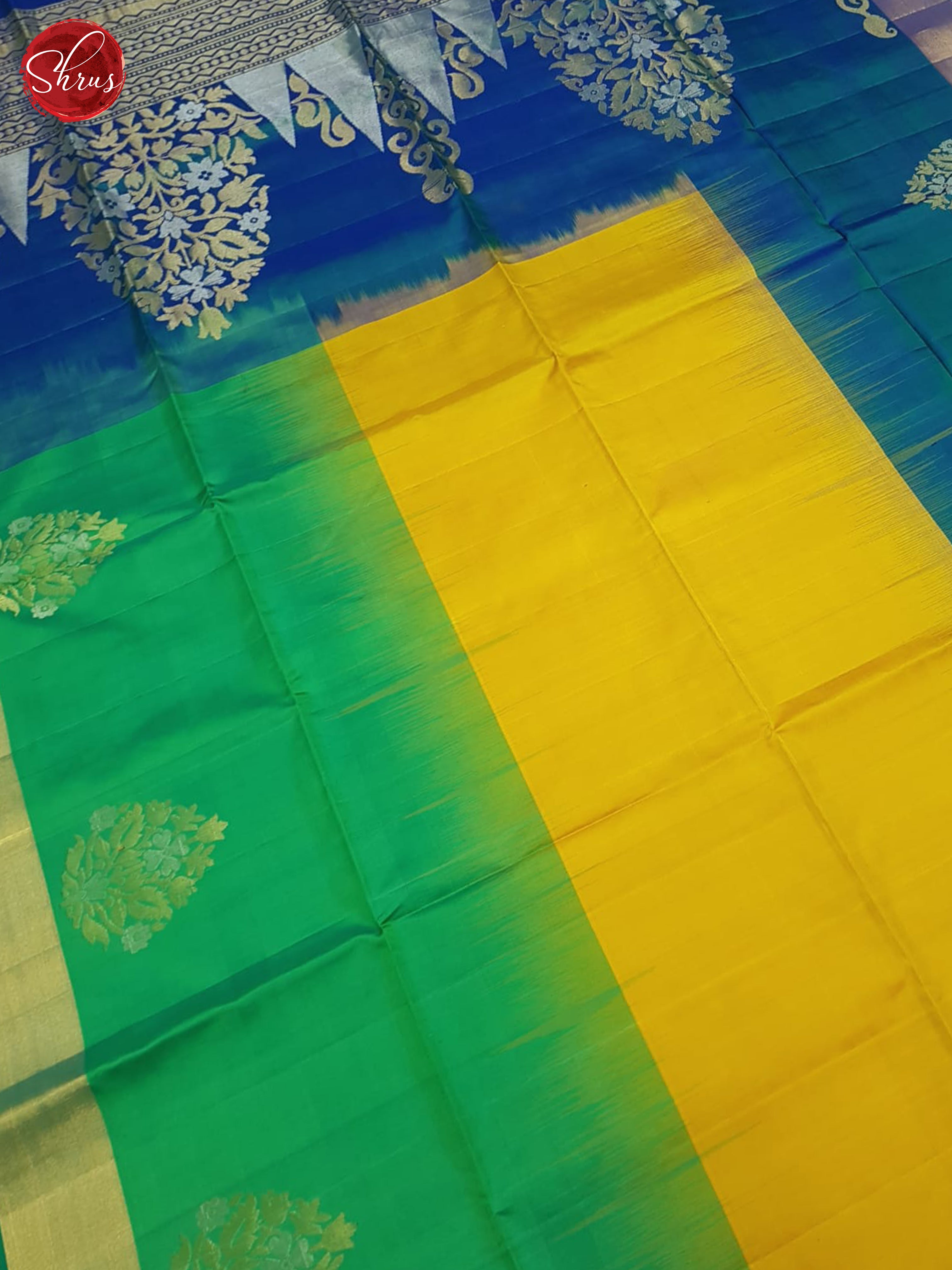 Yellow , Green & Blue- Soft Silk Saree - Shop on ShrusEternity.com