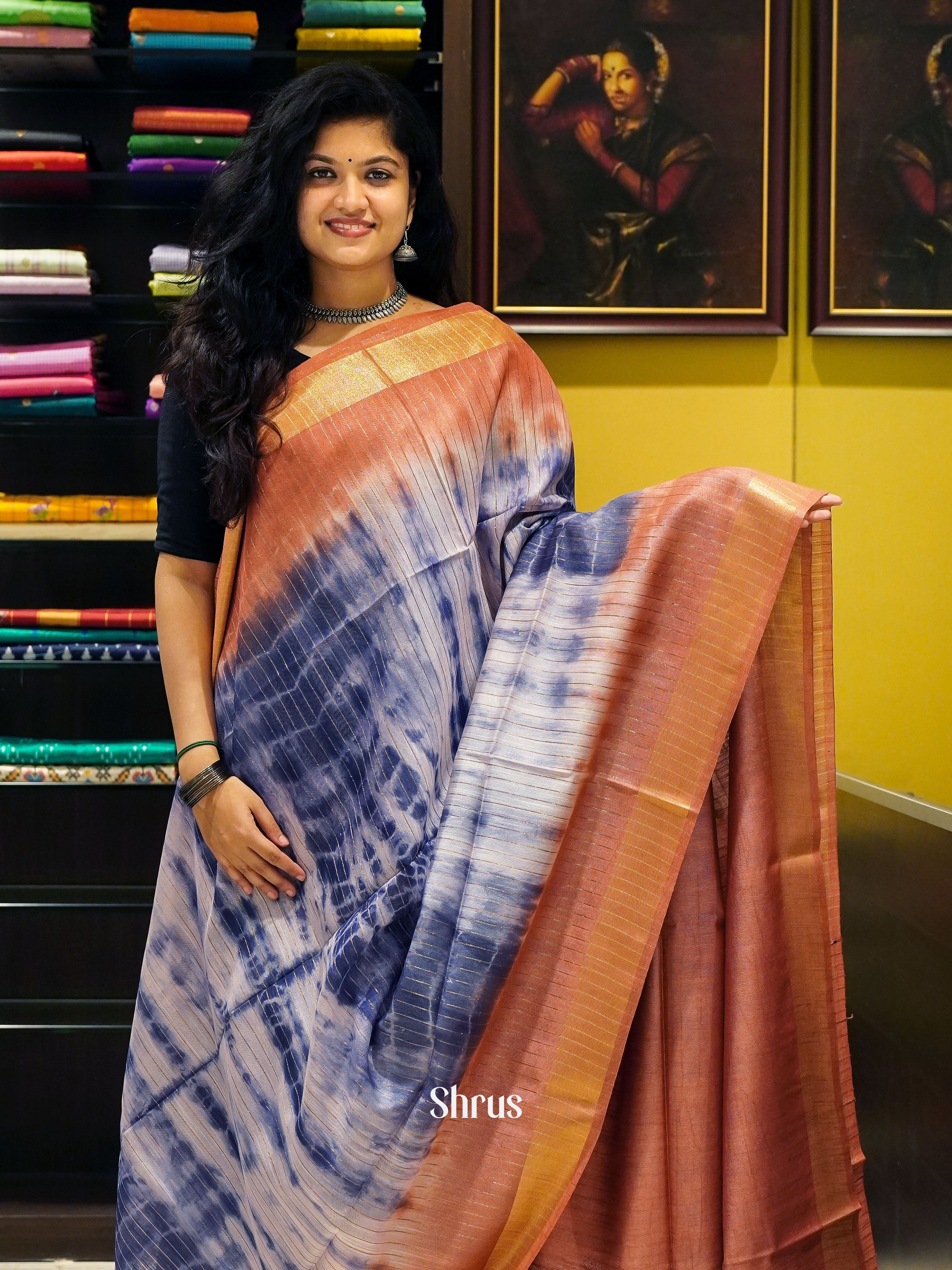 Brown And Blue- Shibori Saree - Shop on ShrusEternity.com