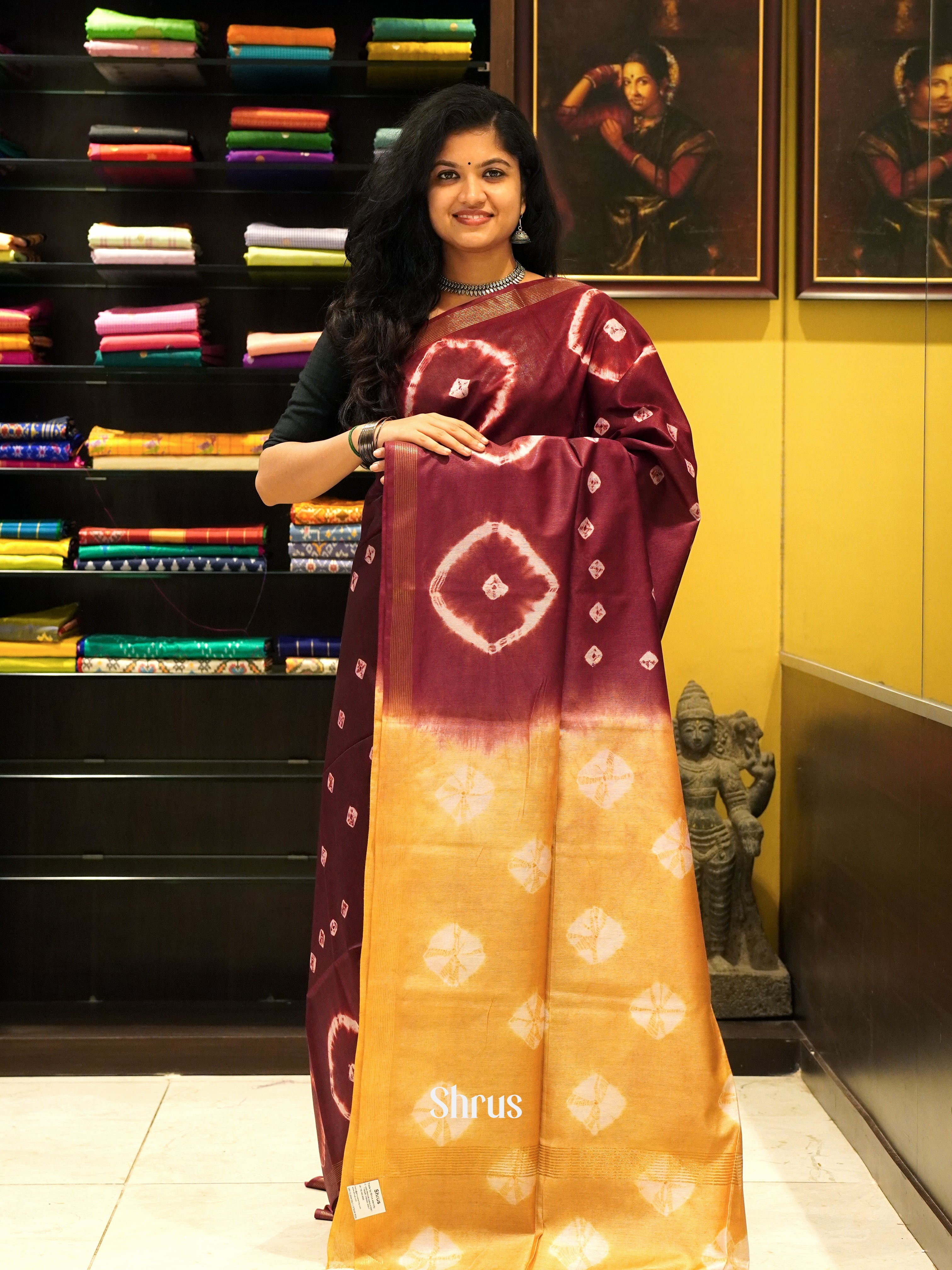 Maroon And Mustard- Shibori Saree - Shop on ShrusEternity.com
