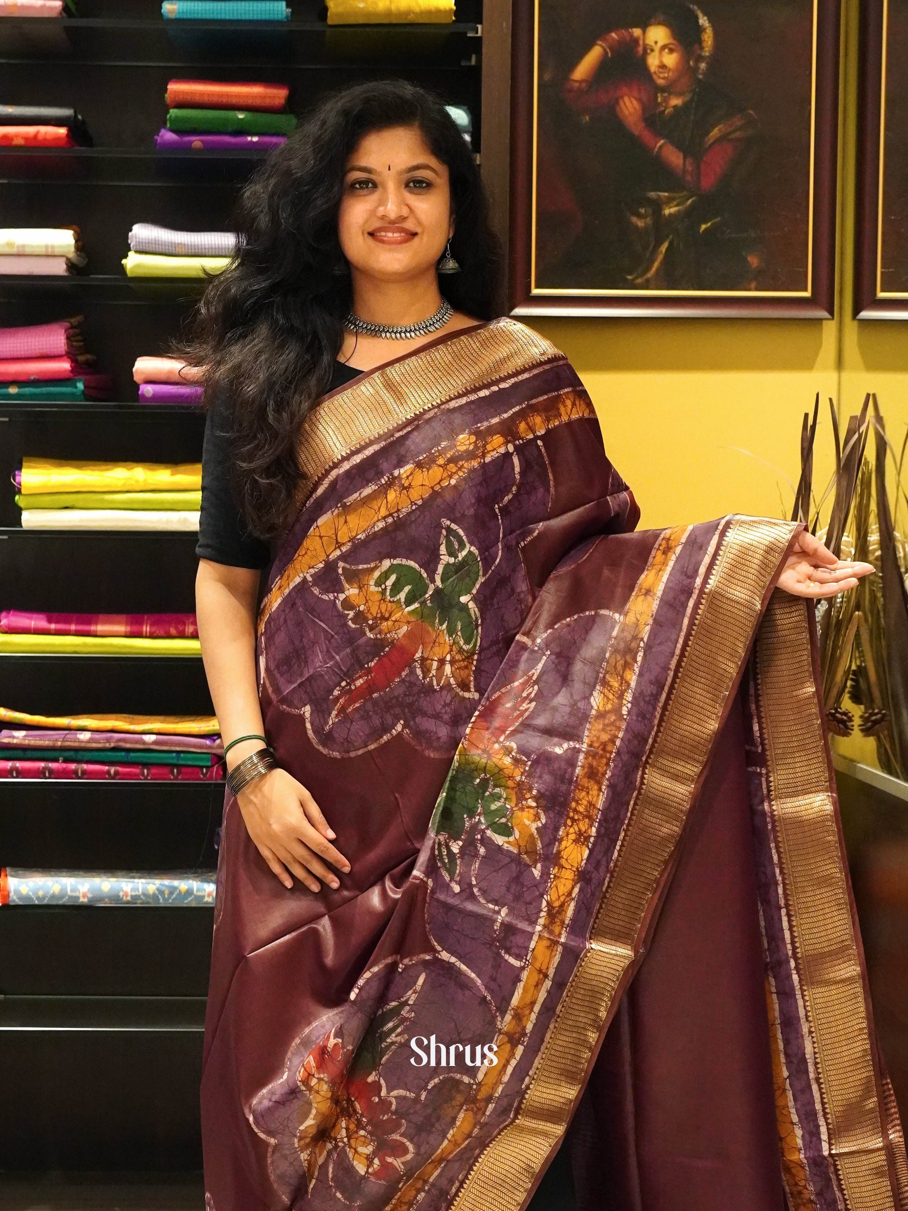 Brown - Semi Chanderi Saree - Shop on ShrusEternity.com