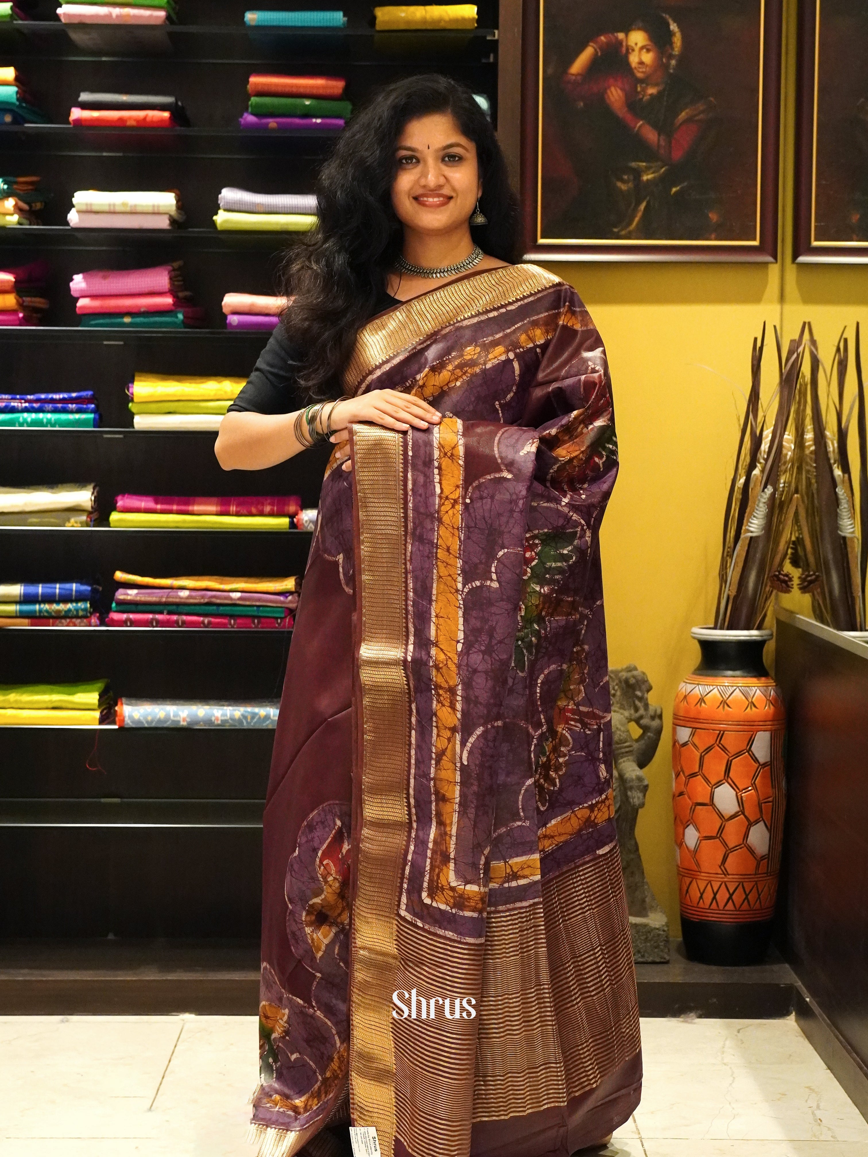 Brown - Semi Chanderi Saree - Shop on ShrusEternity.com