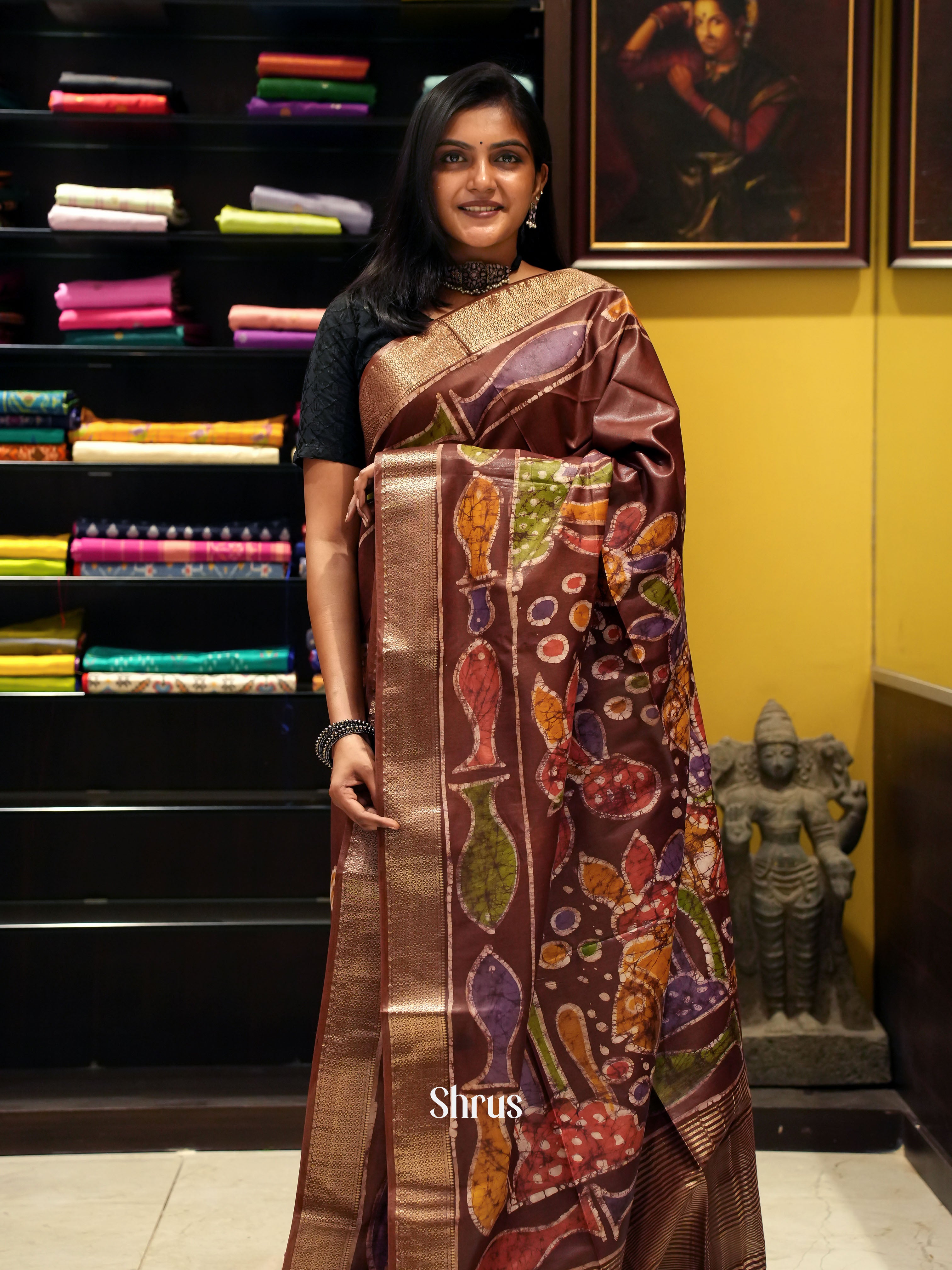 Brown(Single Tone)- Semi Chanderi Saree - Shop on ShrusEternity.com